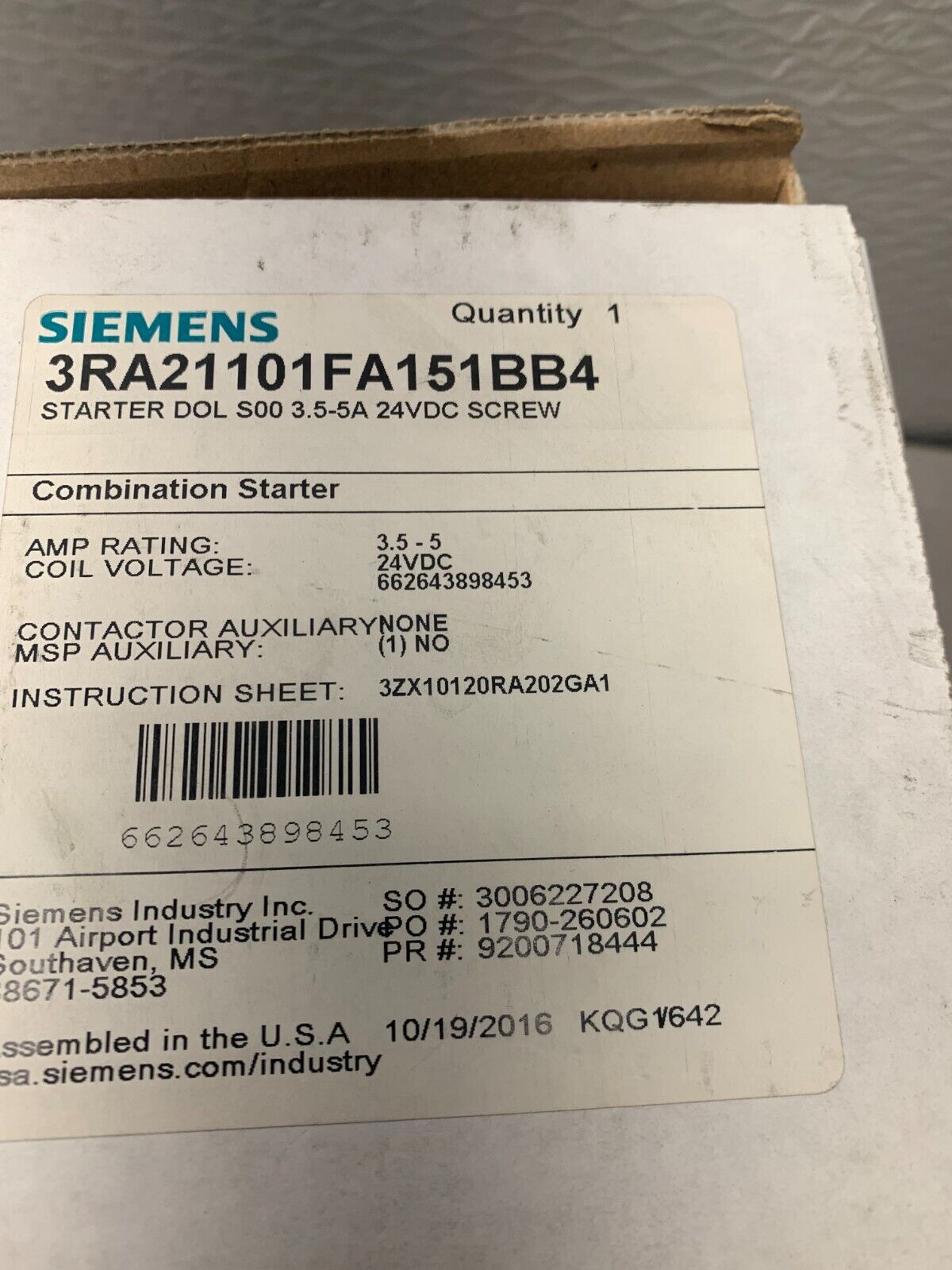 NEW IN BOX SIEMENS COMBINATION STARTER 3RA21101FA151BB4