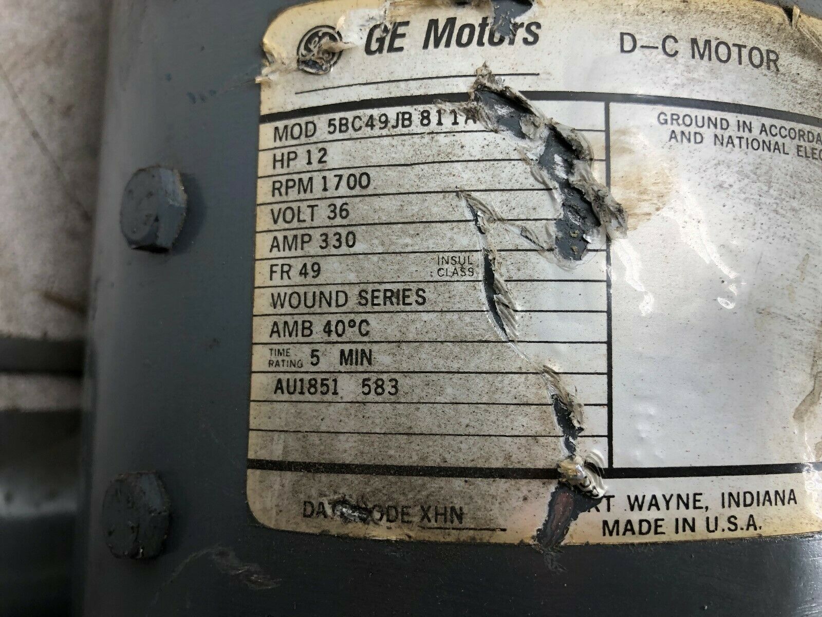 USED GE 12 HP 1700 RPM 36 VDC 330 AMP 49 FR DC MOTOR 5BC49JB811A