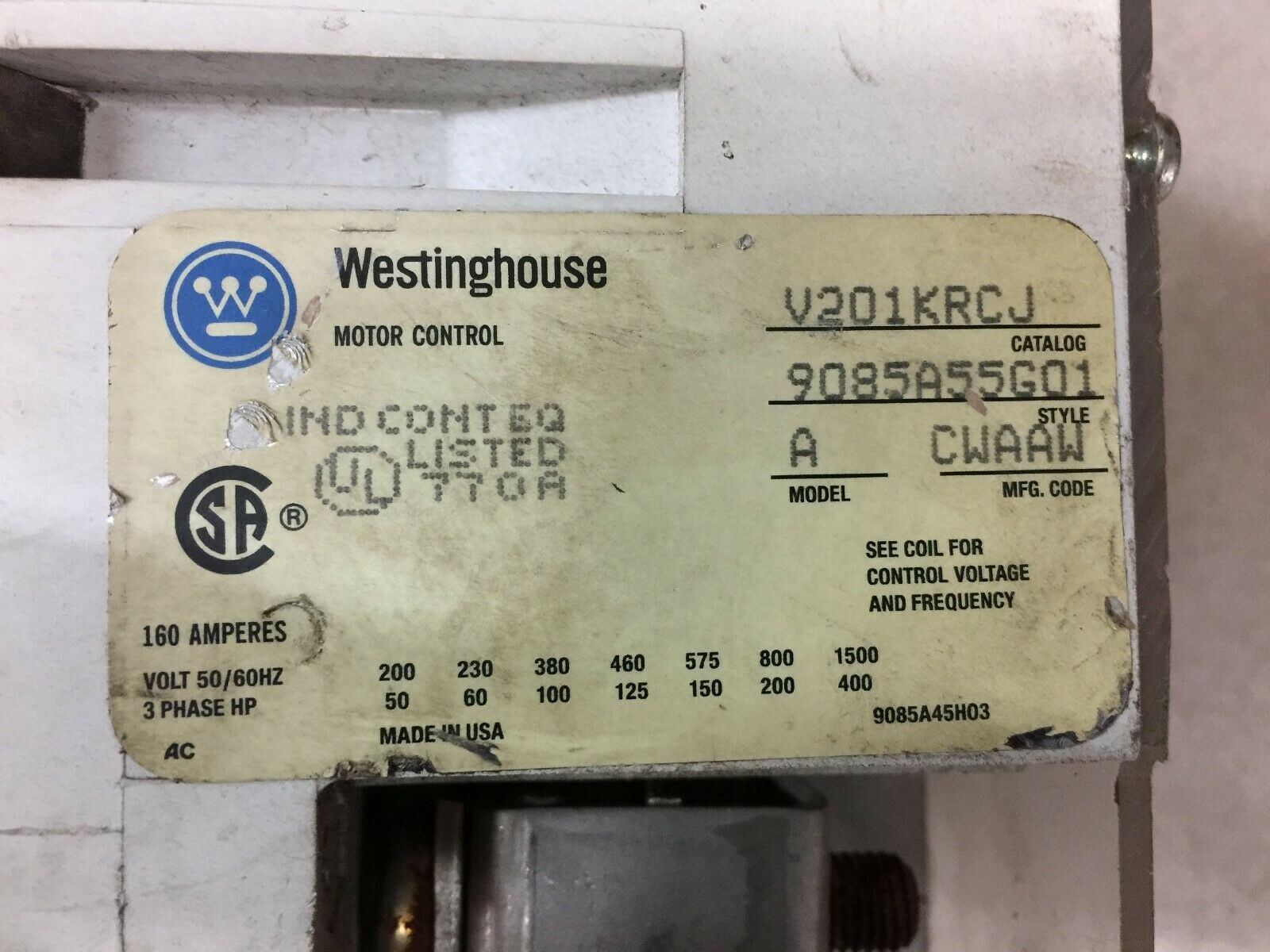 USED WESTINGHOUSE 160AMP 3POLE 120VAC COIL VACUUM CONTACTOR V201KRCJ