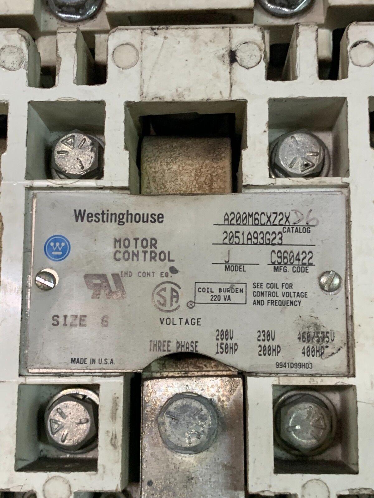 USED WESTINGHOUSE SIZE 6 STARTER 440/480V. COIL A200M6CXZ2XD6 MODEL J