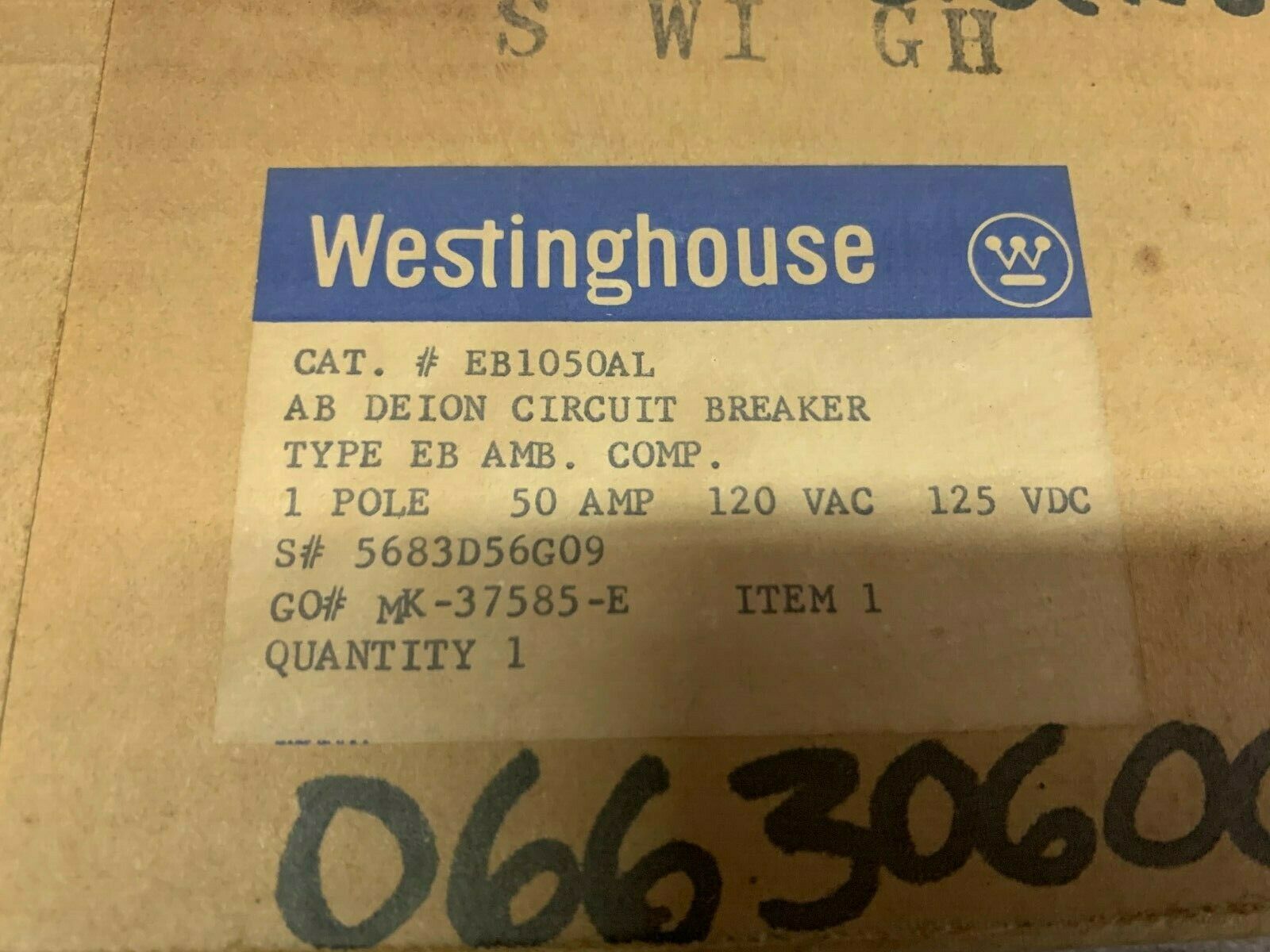 NEW IN BOX WESTINGHOUSE 1 POLE 50 AMP BREAKER EB1050AL