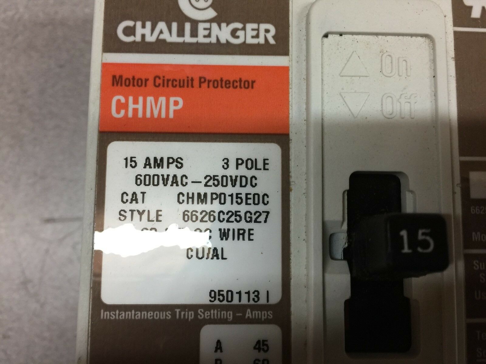 NEW NO BOX CHALLENGER 15AMP 3POLE 600V BREAKER CHMP015E0C