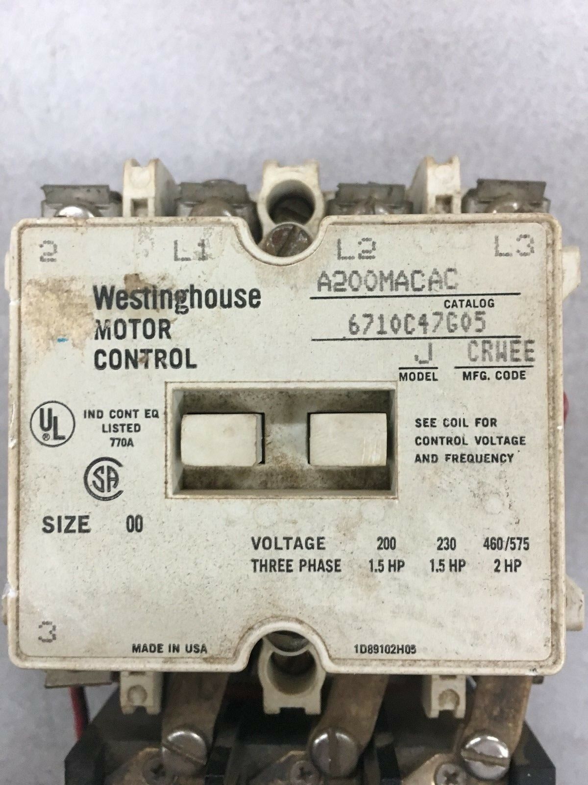 USED WESTIGNHOUSE SIZE 00 MOTOR STARTER 100/120V. COIL  A200MACAC