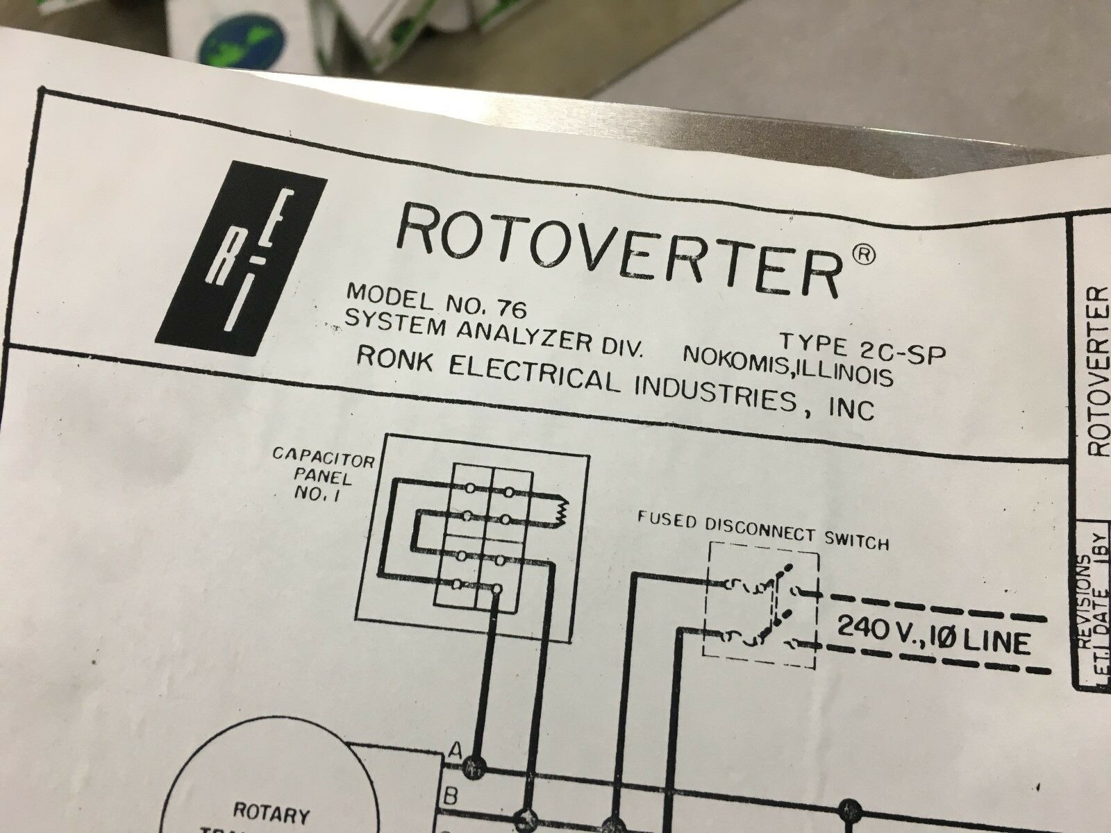 USED RONK 20 KVA ROTOVERTER 240V CAPAITOR PANEL CONTROL TYPE 2C SP MODEL 76