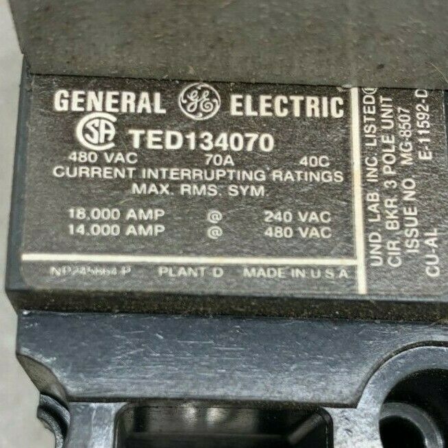 USED GENERAL ELECTRIC 70 AMP 3 POLE MOTOR CIRCUIT PROTECTOR TED134070