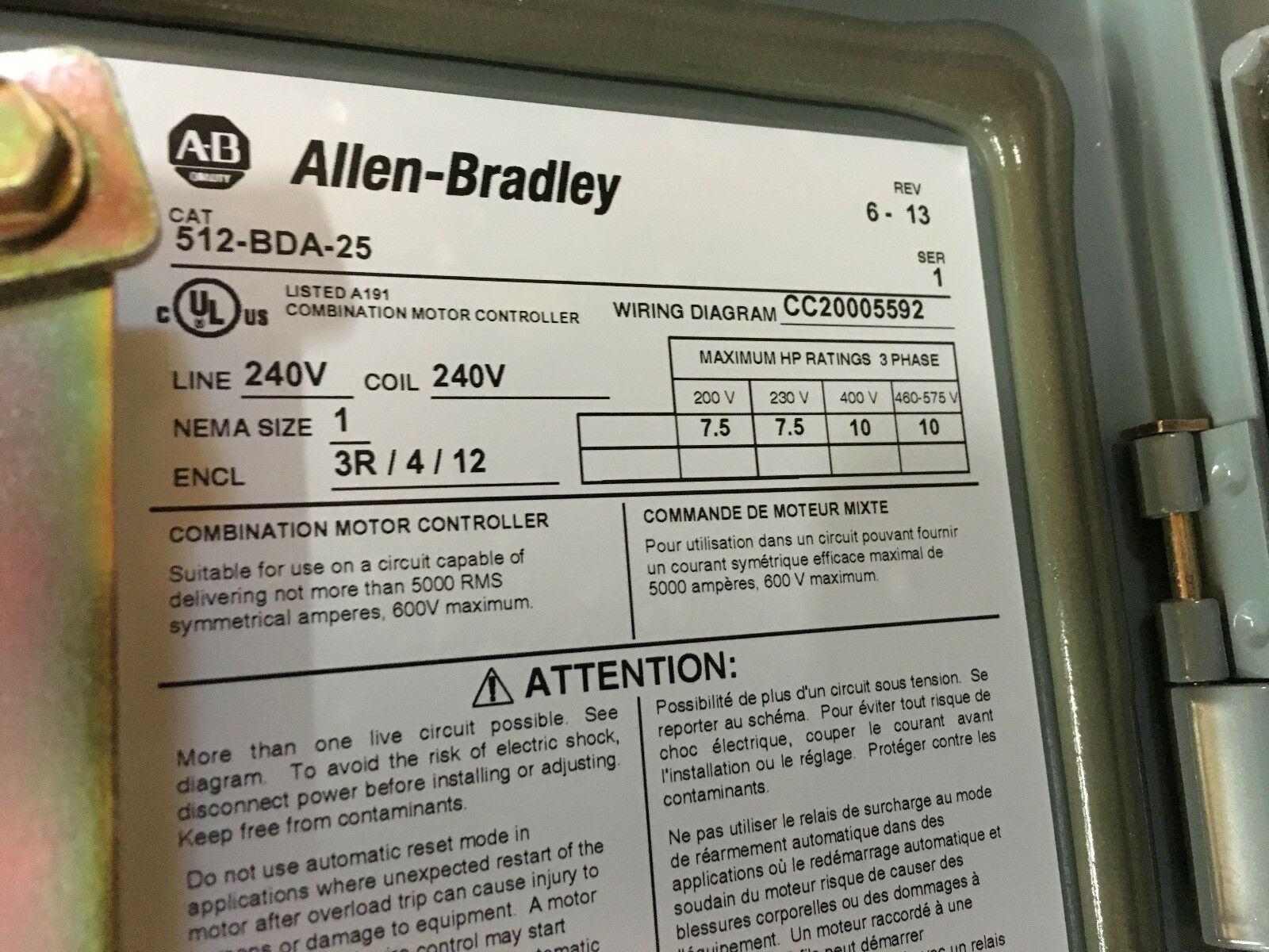 NEW IN BOX ALLEN-BRADLEY SIZE 1 COMBINATION STARTER 512-BDA-25 SERIES 1