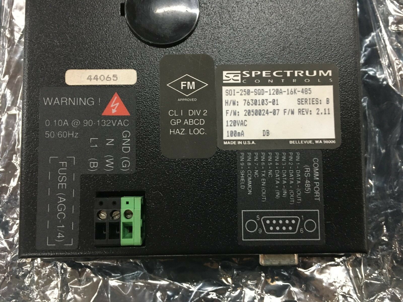 USED SPECTRUM CONTROLS OPERATOR PANEL SOI-250-SQD-120A-16K-485 SERIES B