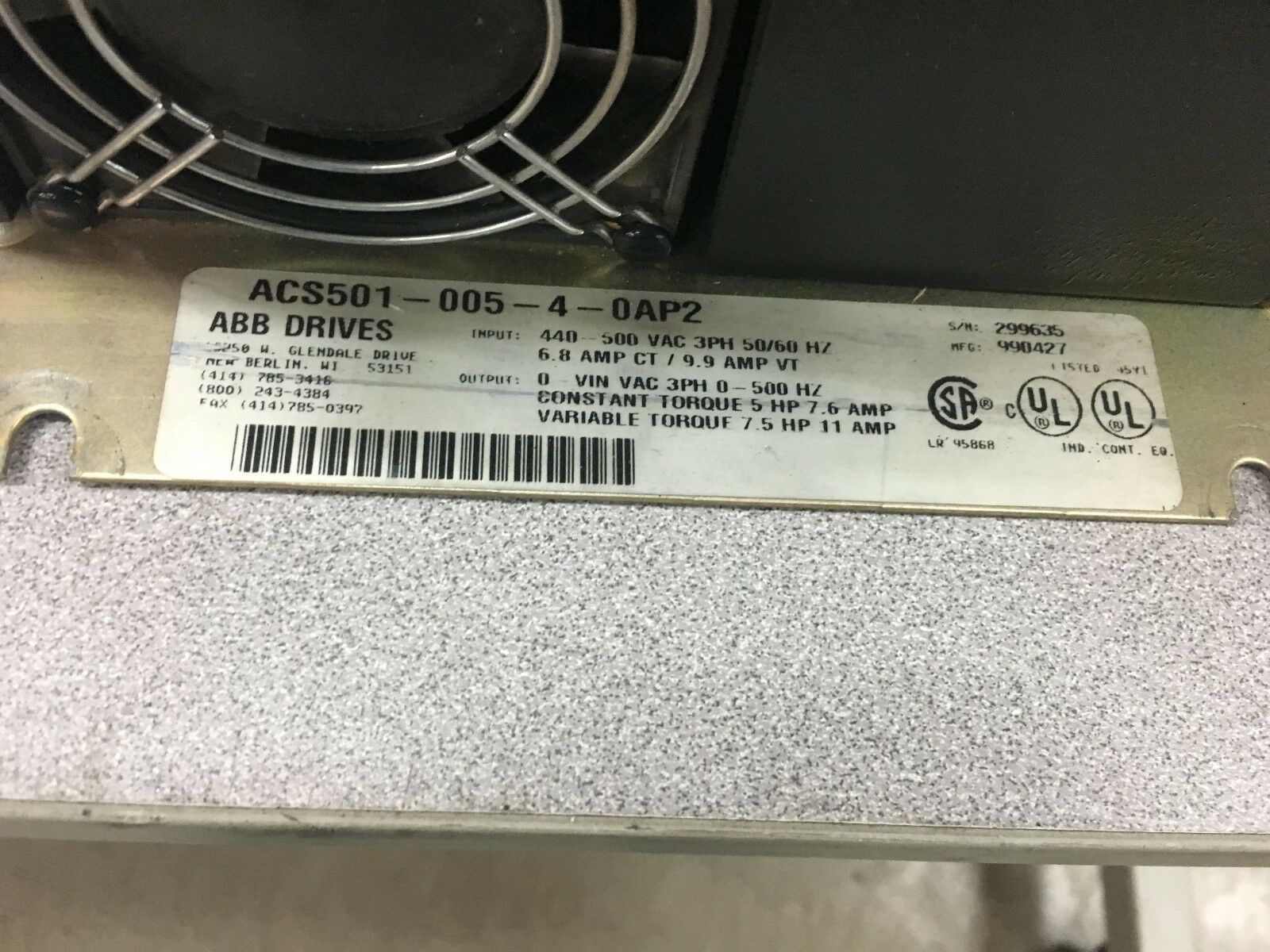 USED ABB ACS 500 7.5HP VARIABLE SPEED DRIVE ACS501-005-4-0AP2