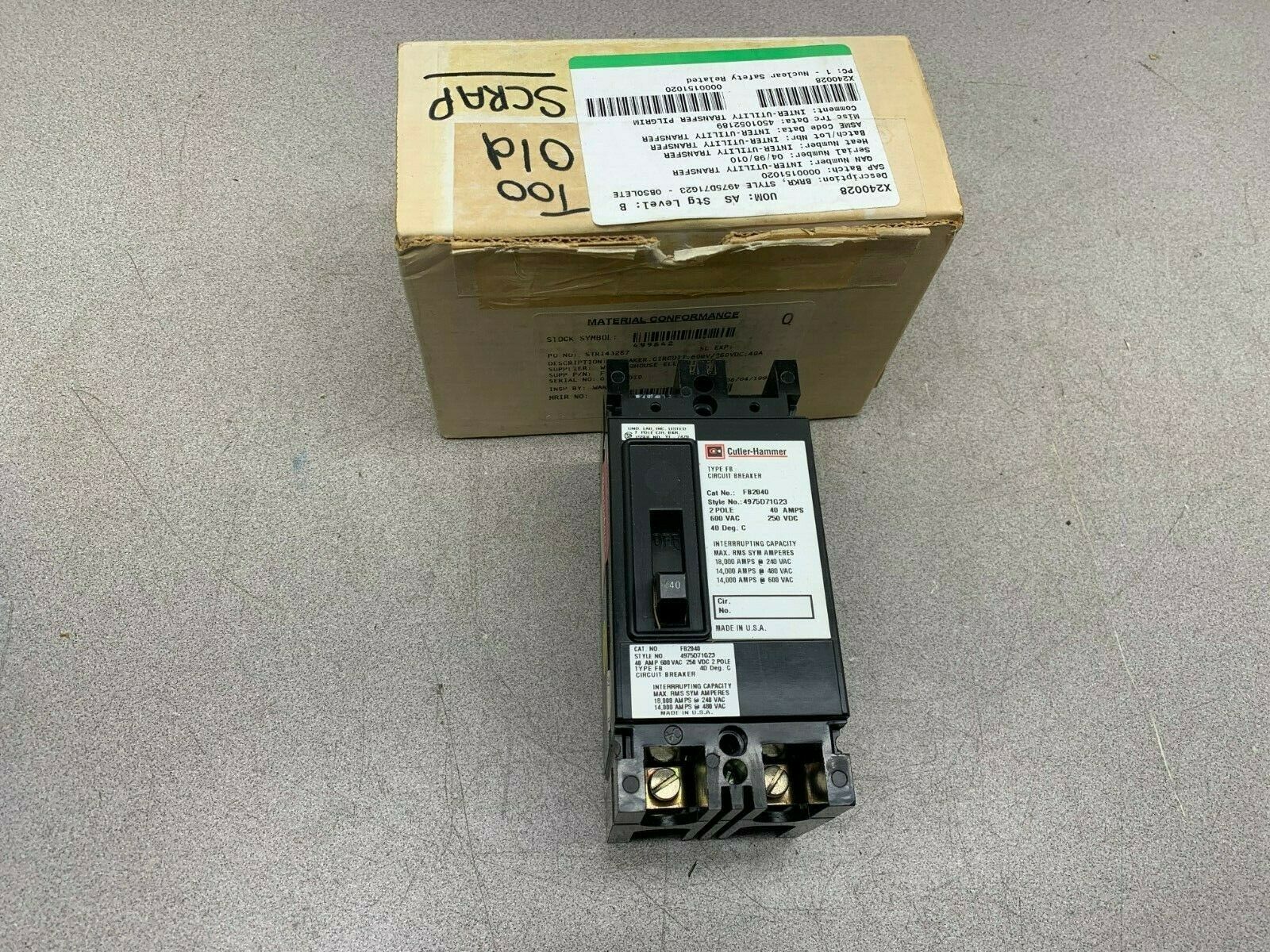 NEW IN BOX CUTLER-HAMMER 4975D71G23 TYPE FB 2 POLE 40AMP CIRCUIT BREAKER FB2040