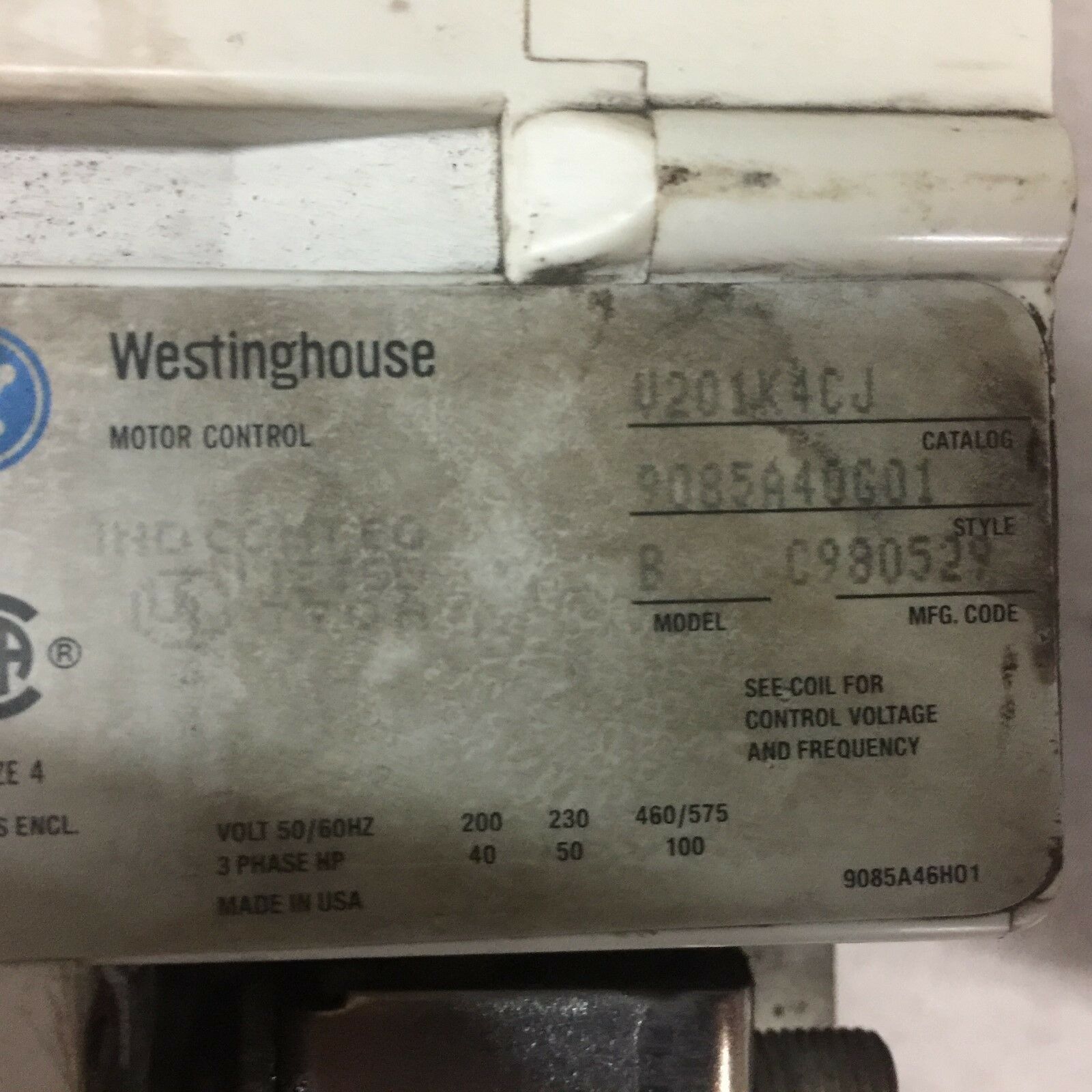 USED WESTINGHOUSE SIZE 4 VACUUM CONTACTOR 120 V COIL V201K4JC