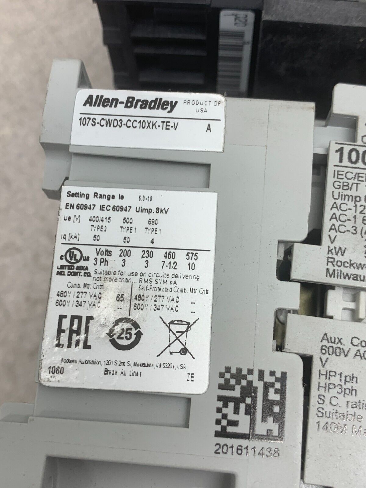 USED ALLEN-BRADLEY 140M-C2E-C10 CONTACTOR ASSEMBLY 107S-CWD3-CC10XK-TE-V