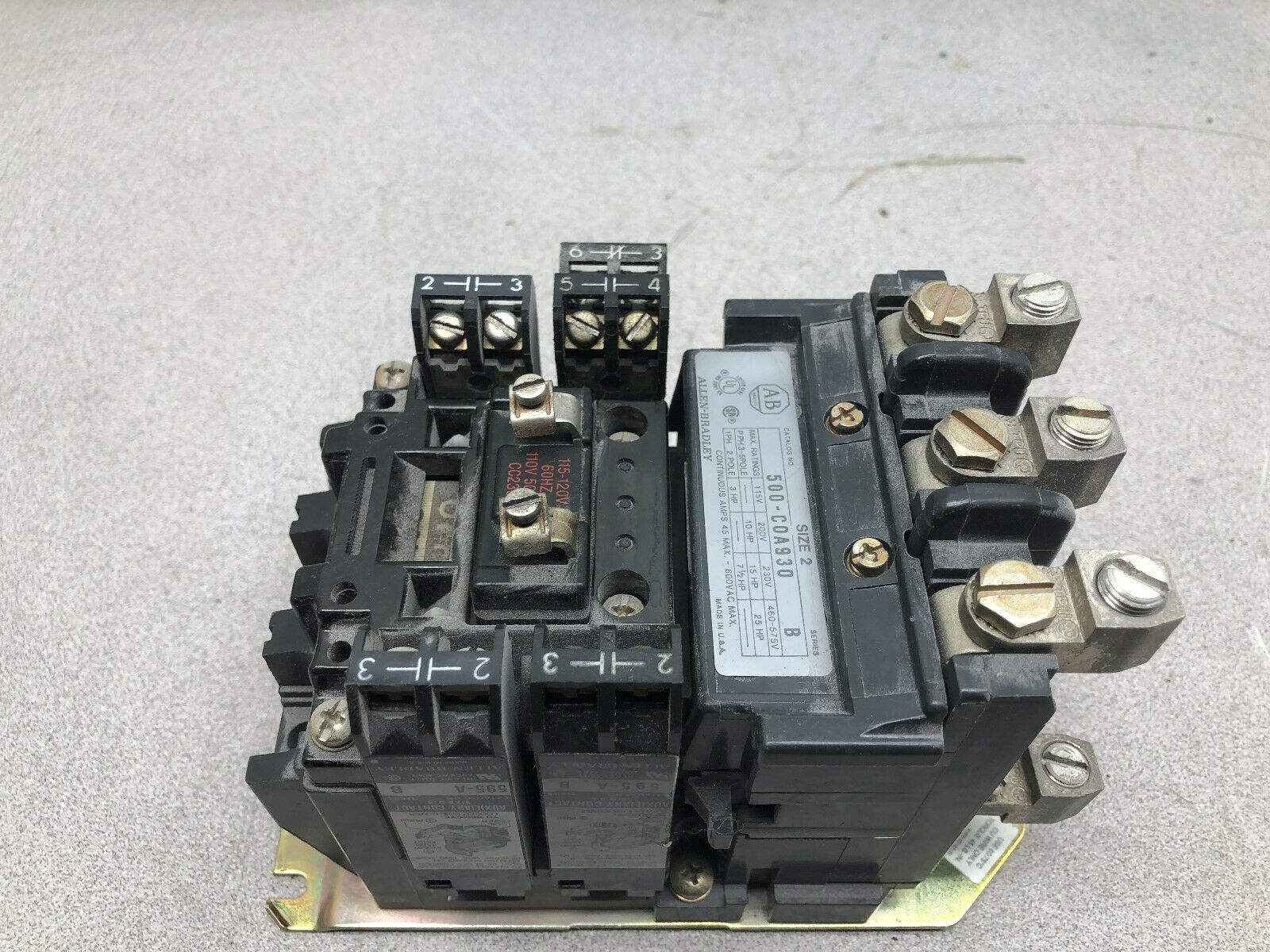 USED ALLEN BRADLEY SIZE 2 45 AMPS 3 PH 120 VAC COIL CONTACTOR 500-C0A930