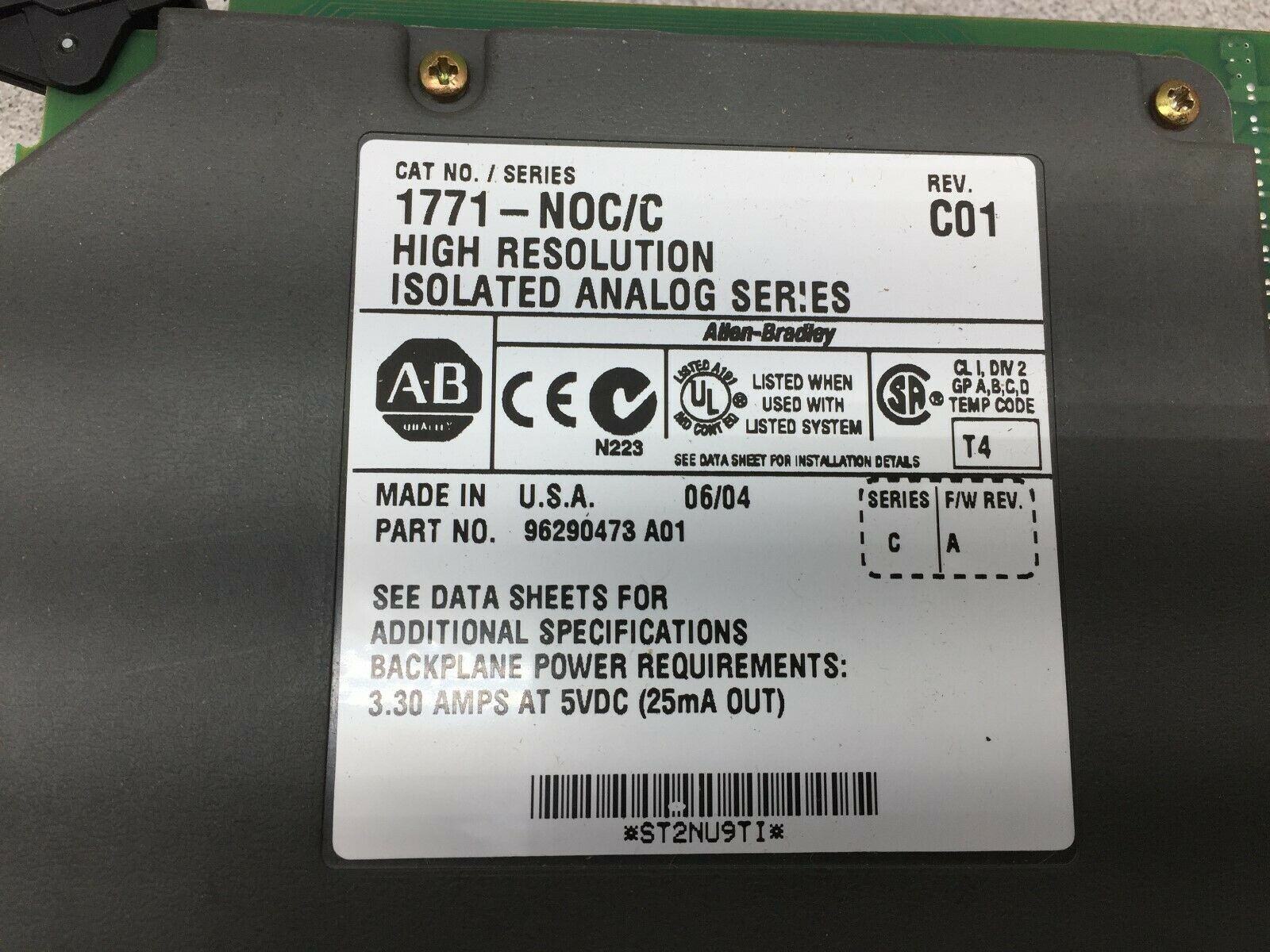 USED ALLEN BRADLEY HIGH RESOLUTION ISOLATED ANALOG MODULE 1771-NOC/C SER C