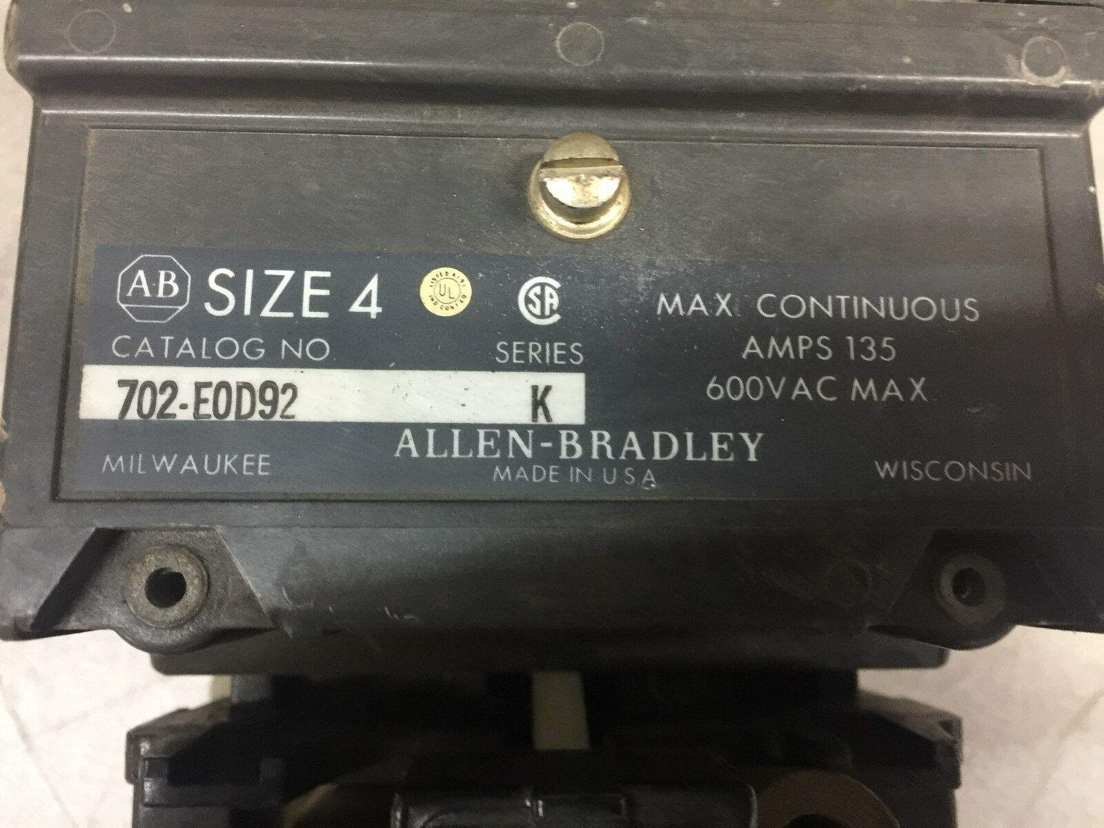 USED ALLEN BRADLEY SIZE 4 600VAC 135AMP 2POLE 220VAC COIL CONTACTOR 702-EOD92