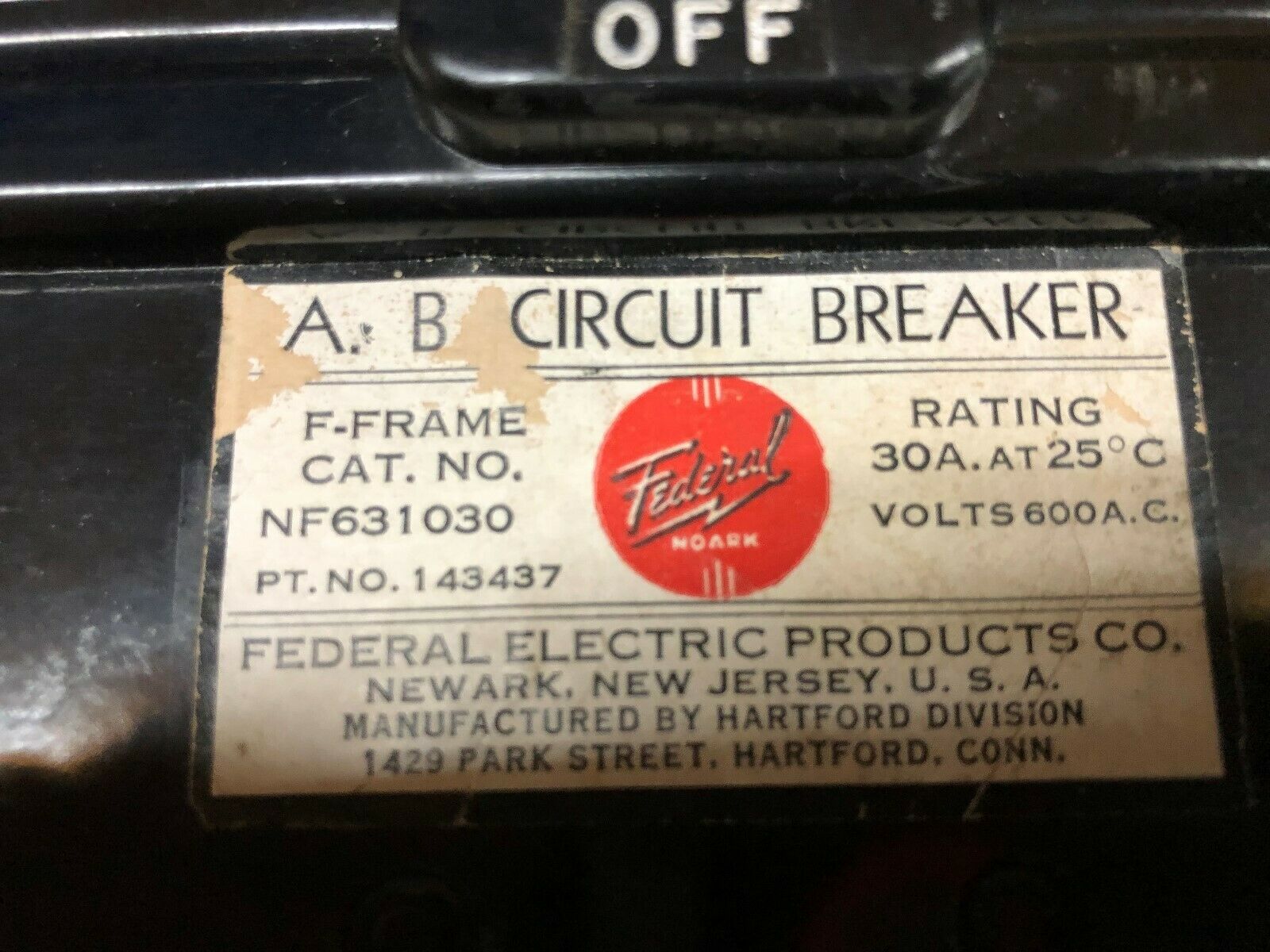 USED FEDERAL ELECTRIC PRODUCTS 30 AMP 600 VAC F-FRAME 3 POLE CIRCUIT BREAKER NF6