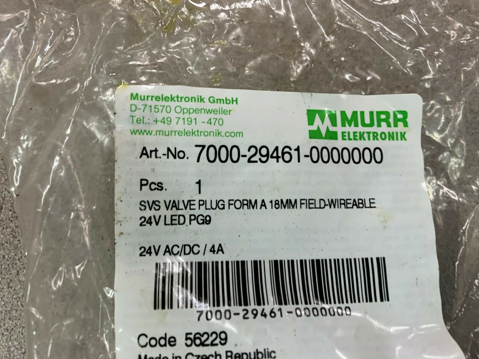 NEW IN BAG MURR VALVE PLUG 7000-29461-0000000