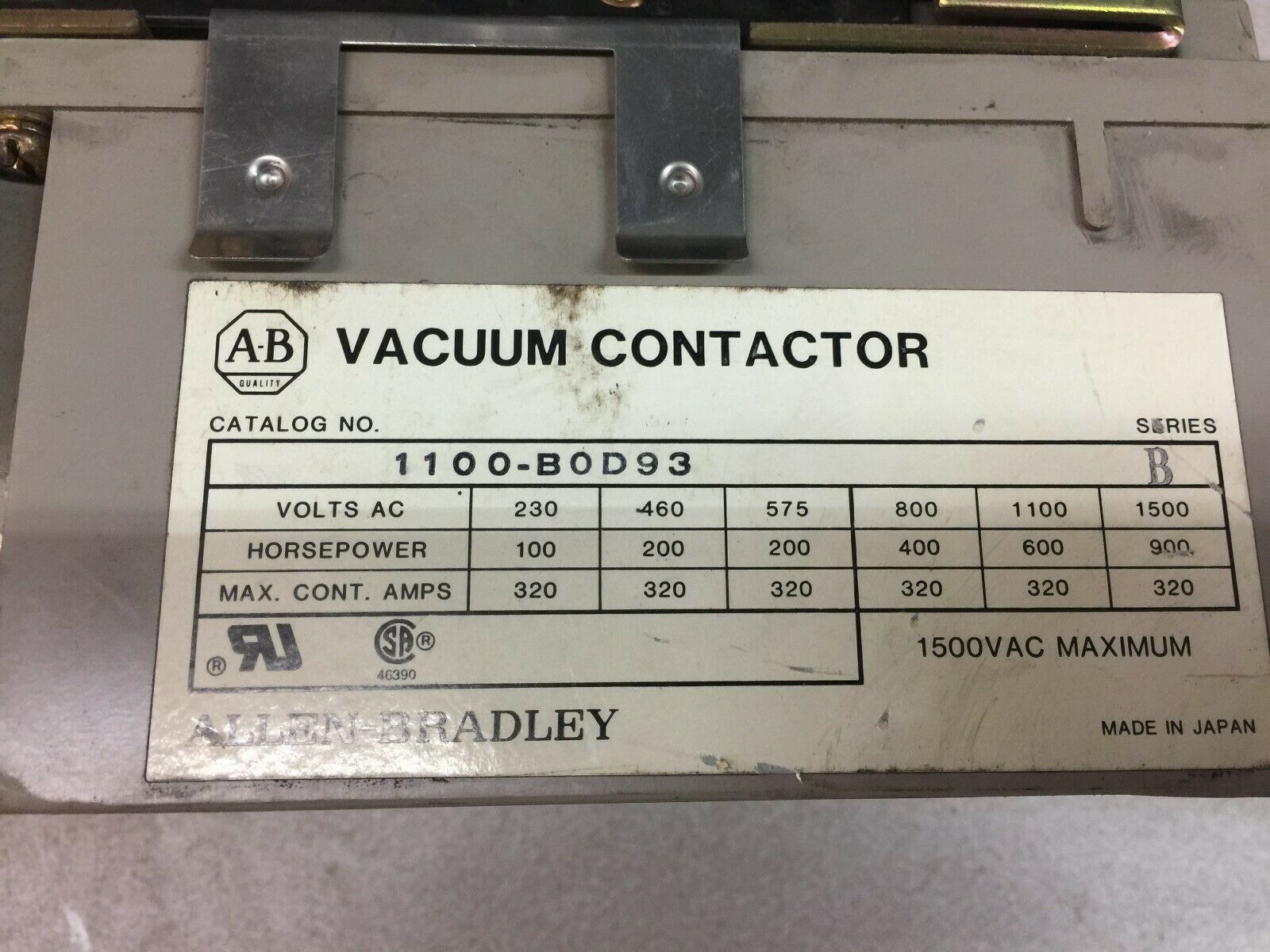 USED ALLEN BRADLEY 320AMP 1500VAC 120VAC COIL VACUUM CONTACTOR 1100-B0D93