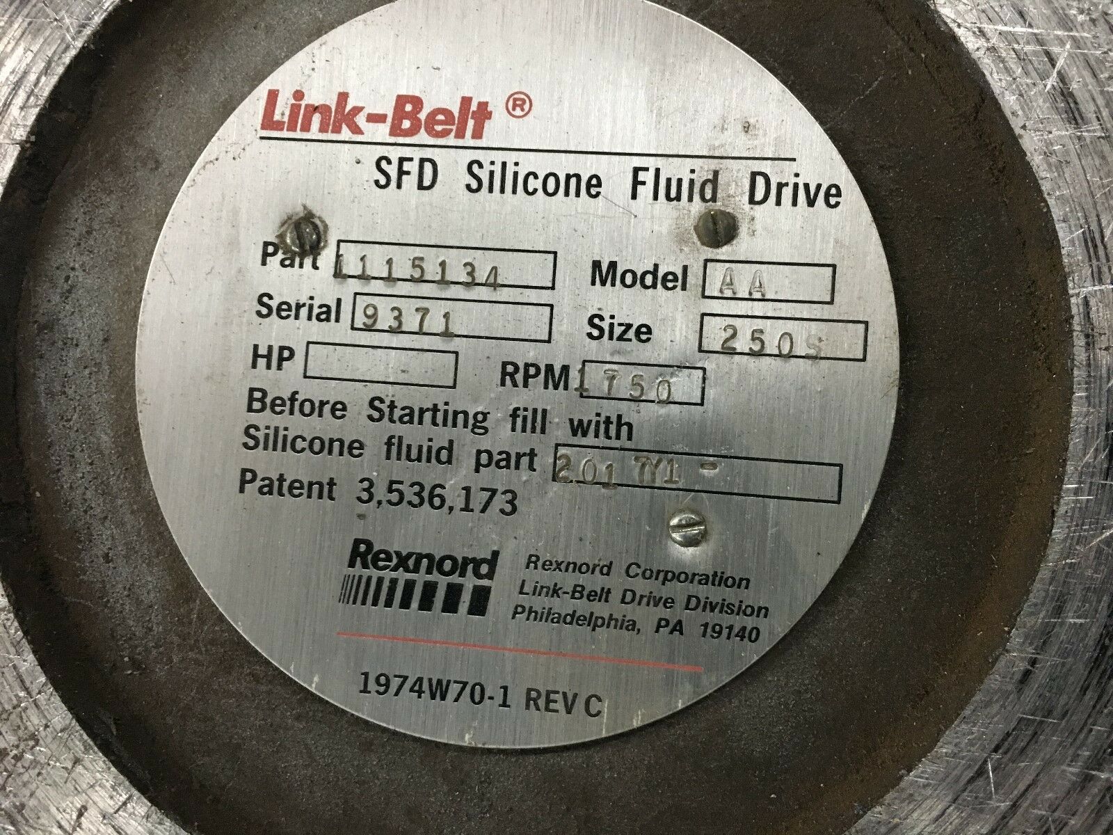 USED LINK-BELT MODEL AA SIZE 250S REXNORD SFD SILICONE FLUID DRIVE 1115134