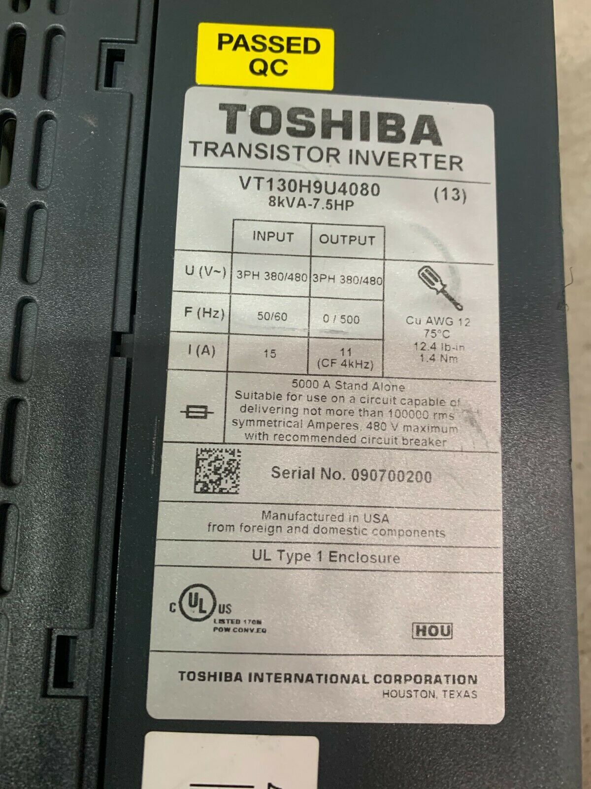 USED TOSHIBA 7.5HP TRANSISTOR INVERTER VT130H9U4080