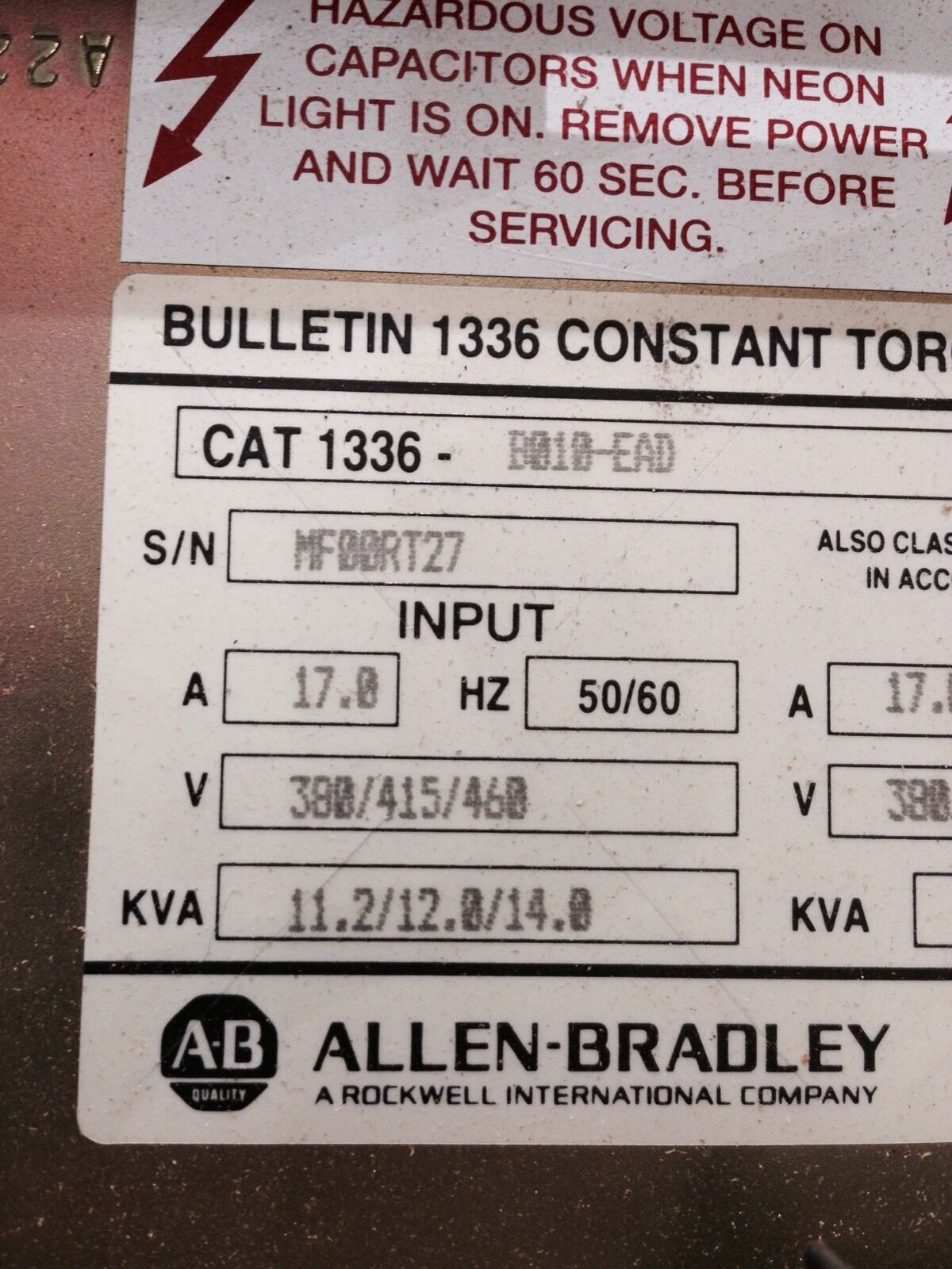 USED ALLEN-BRADLEY 10HP 1336 AC DRIVE 1336-B010-EAD SERIES A