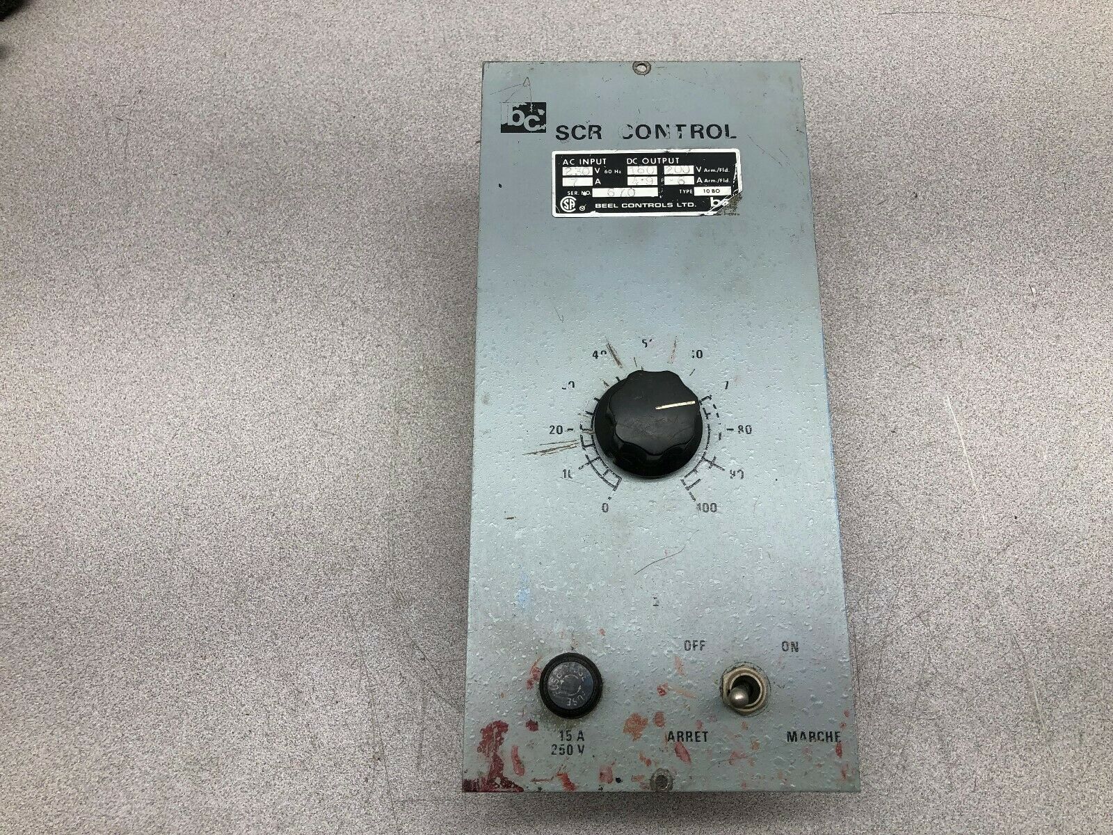 USED BEEL CONTROLS SCR CONTROL 230 VAC INPUT 180-200 VDC OUTPUT 10BO