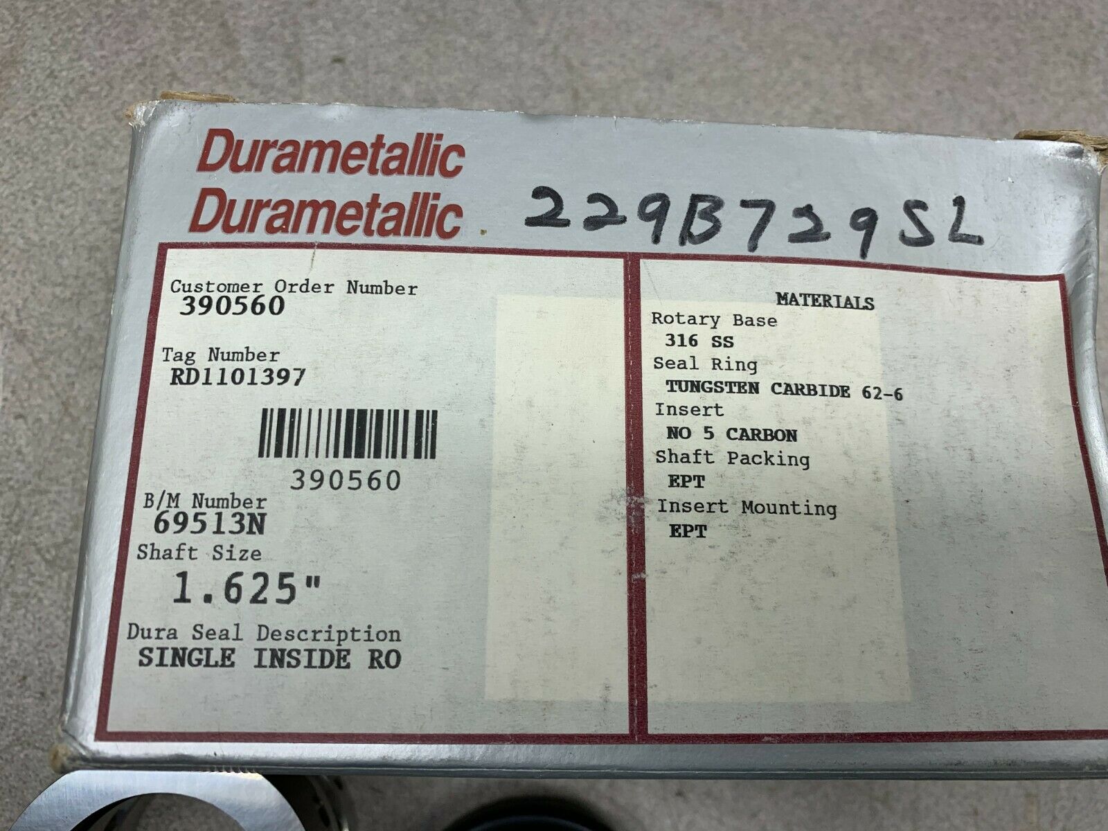 DURAMETALLIC RD1101397 DURA SEAL 69513N SHAFT SIZE 1.625" TUNGSTEN CARBIDE 62-6