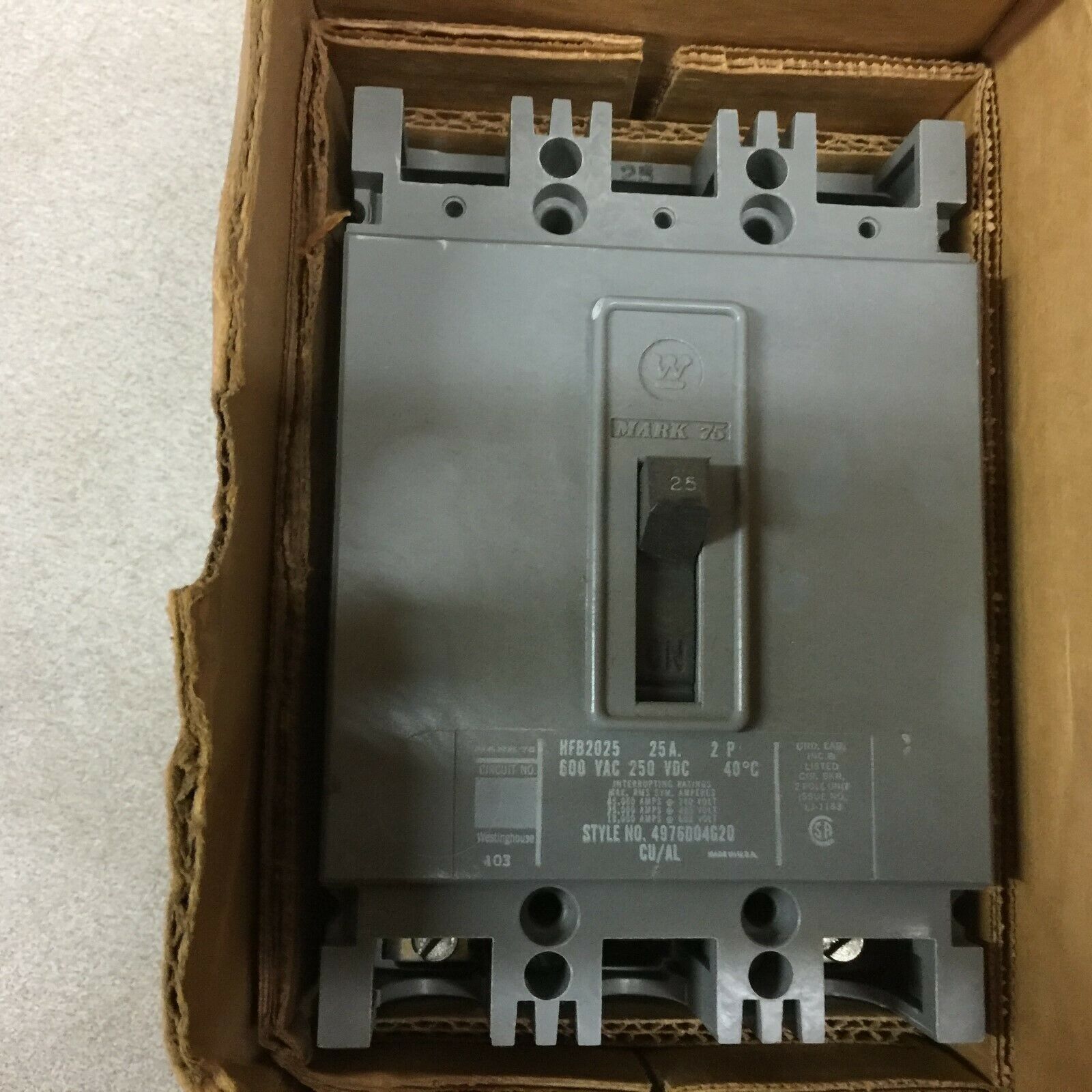 NEW IN BOX WESTINGHOUSE 25AMP 2POLE 600VAC 250VDC CIRCUIT BREAKER HFB2025