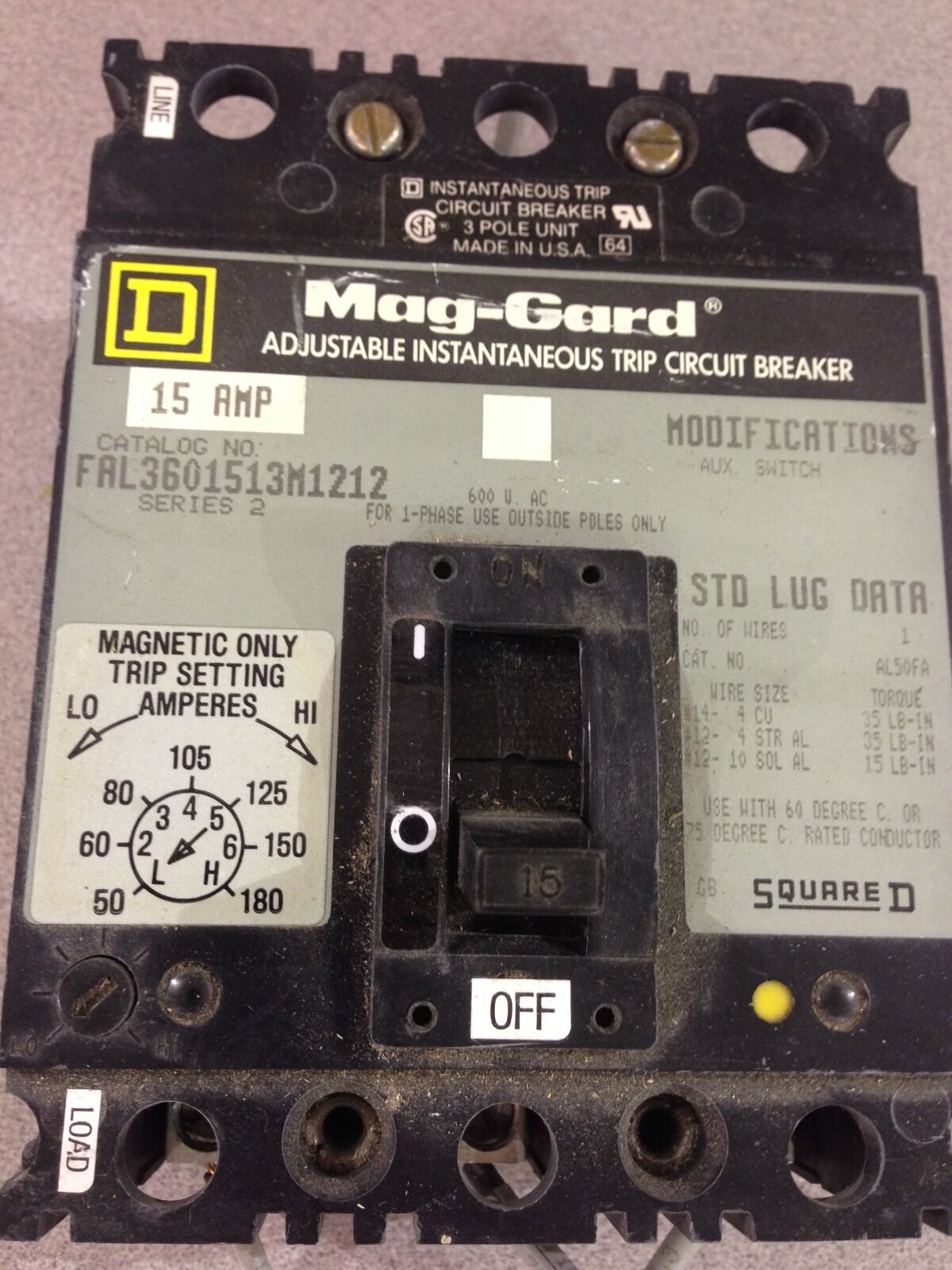 USED SQUARE D 15 AMP CIRCUIT BREAKER FAL3601513M1212 SERIES 2  (D6)