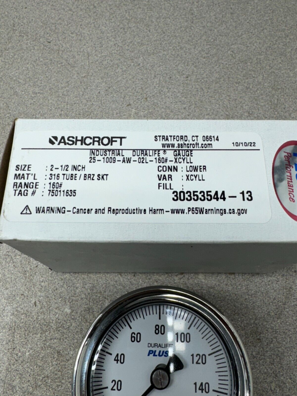 NEW IN BOX ASHCROFT DURALIFE GAUGE 25-1009-AW-02L-160#-XCYLL