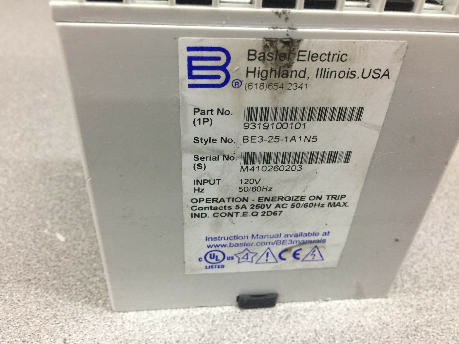 USED BASLER SYNCH CHECK RELAY BE3-25-1A1N5