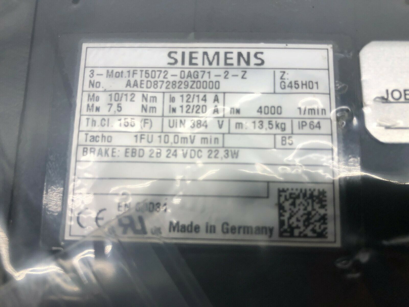 USED REMANUFACTURED SIEMENS SERVO MOTOR 1FT5072-0AG71-2-Z