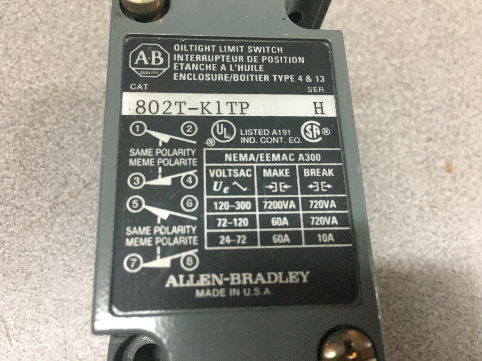 NEW NO BOX ALLEN BRADLEY LIMIT SWITCH 802T-K1TP SERIES H