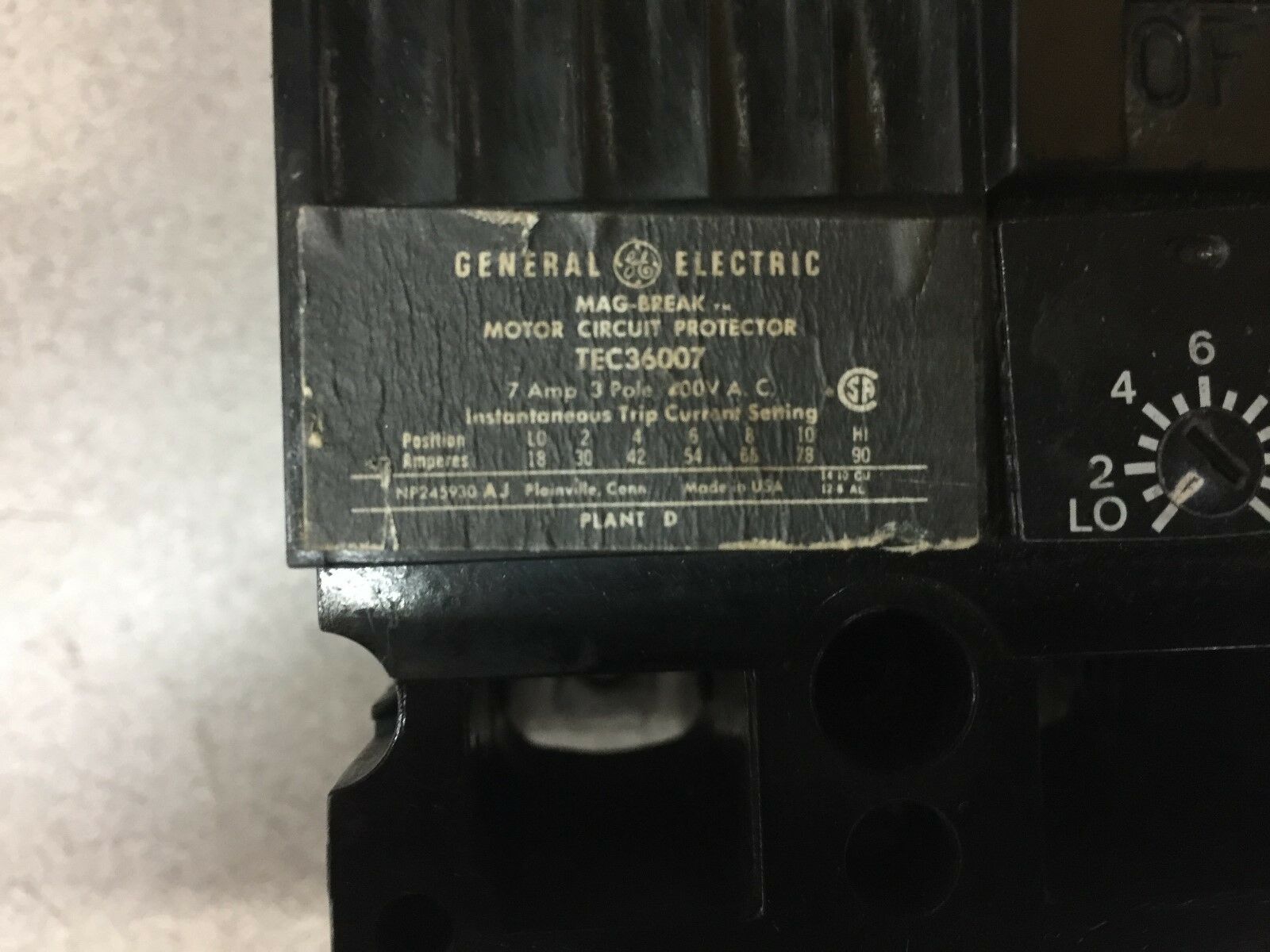 USED GE 7AMP 3POLE 600V CIRCUIT BREAKER TEC36007