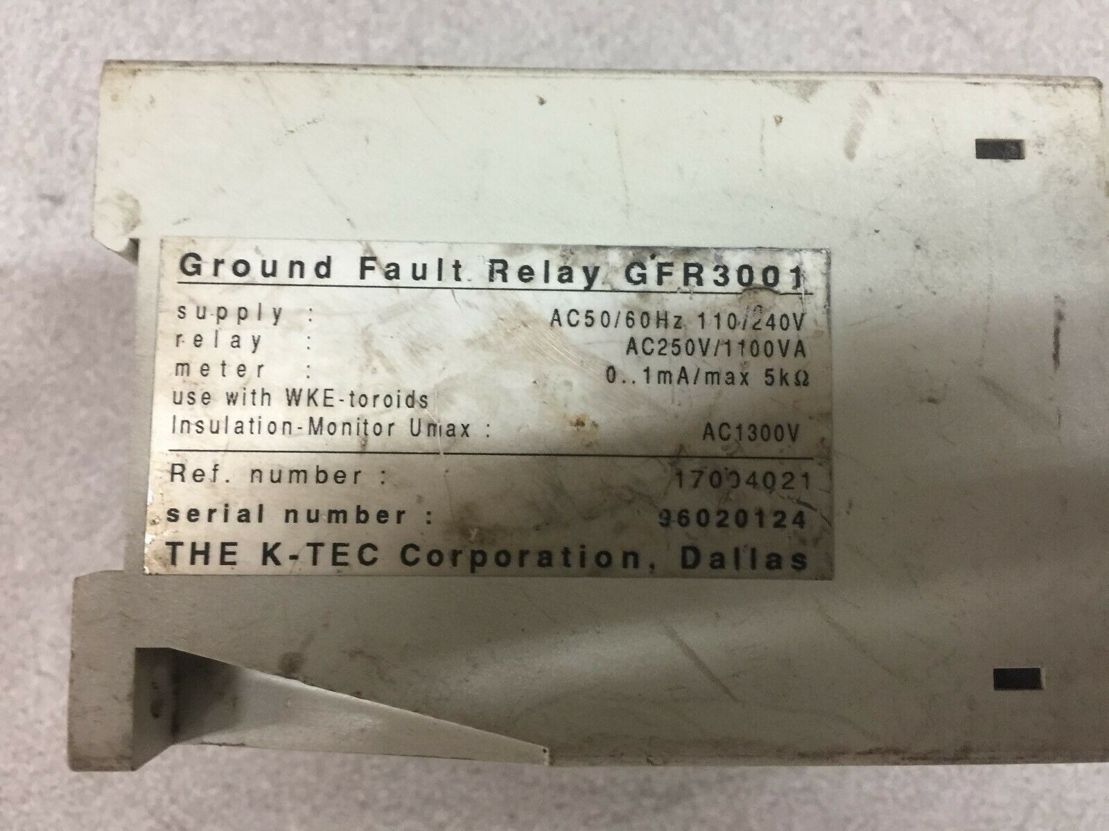 USED K-TEC GROUND FAULT RELAY GFR3001