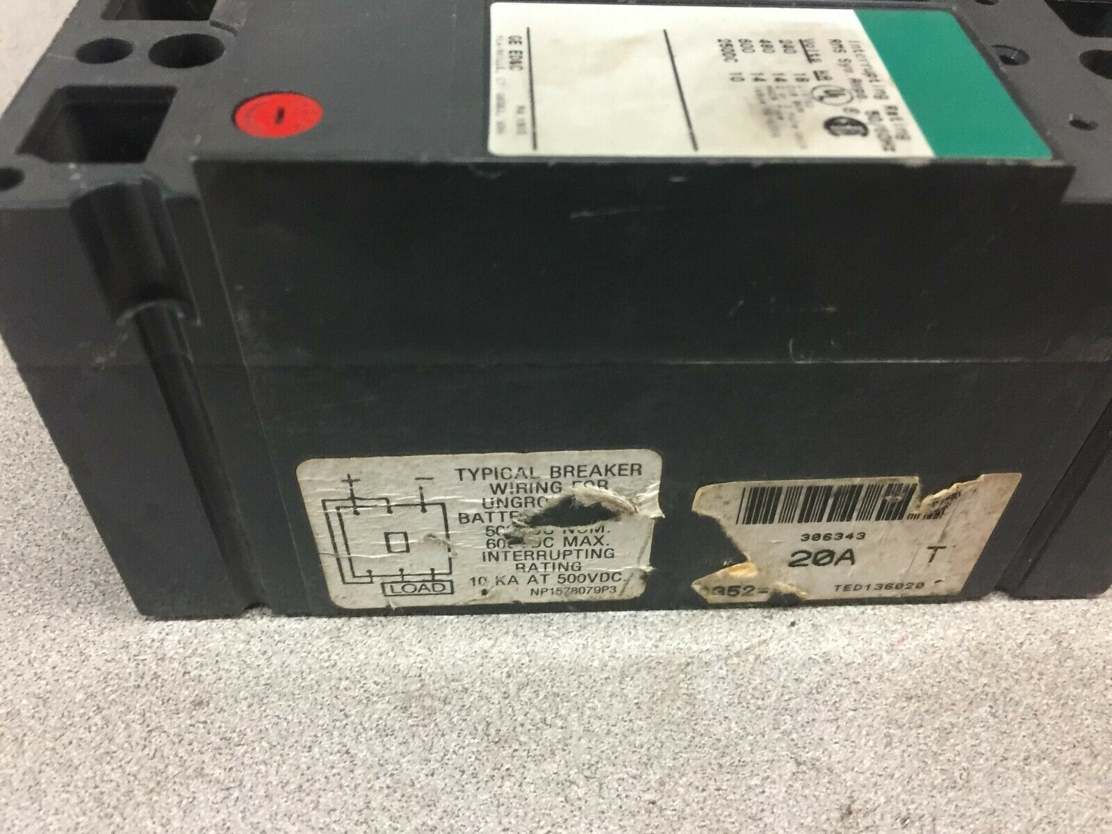 USED GE 20AMP 3POLE 600VAC 250VDC BREAKER TED36020WL