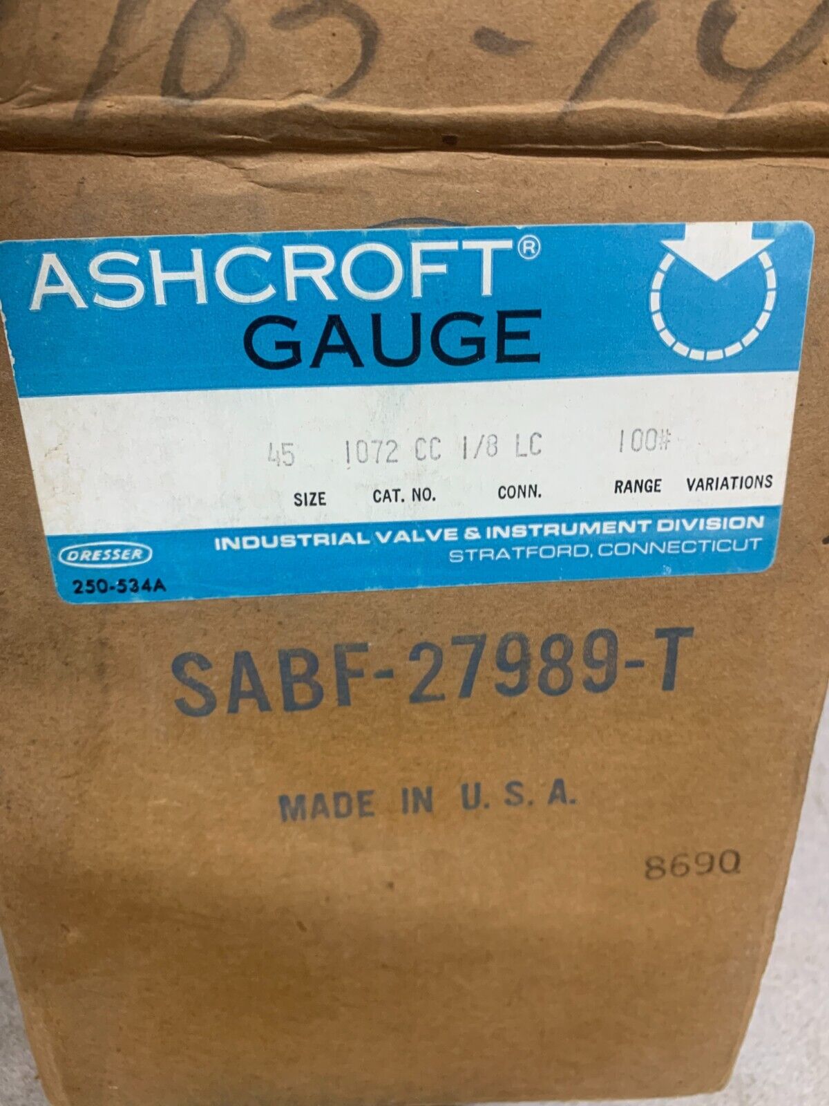 NEW IN BOX ASHCROFT SIZE 45 1072CC 1/8" LC 100# PRESSURE GAUGE