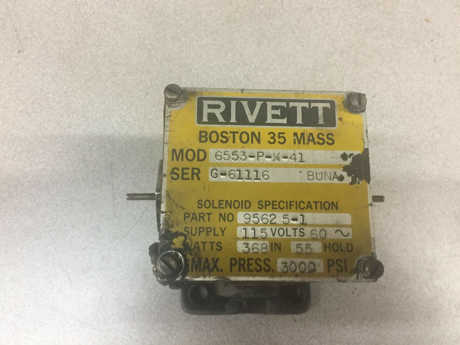 NEW NO BOX RIVETT 3000PSI HYD SOLENOID VALVE 6553-P-1/4-41