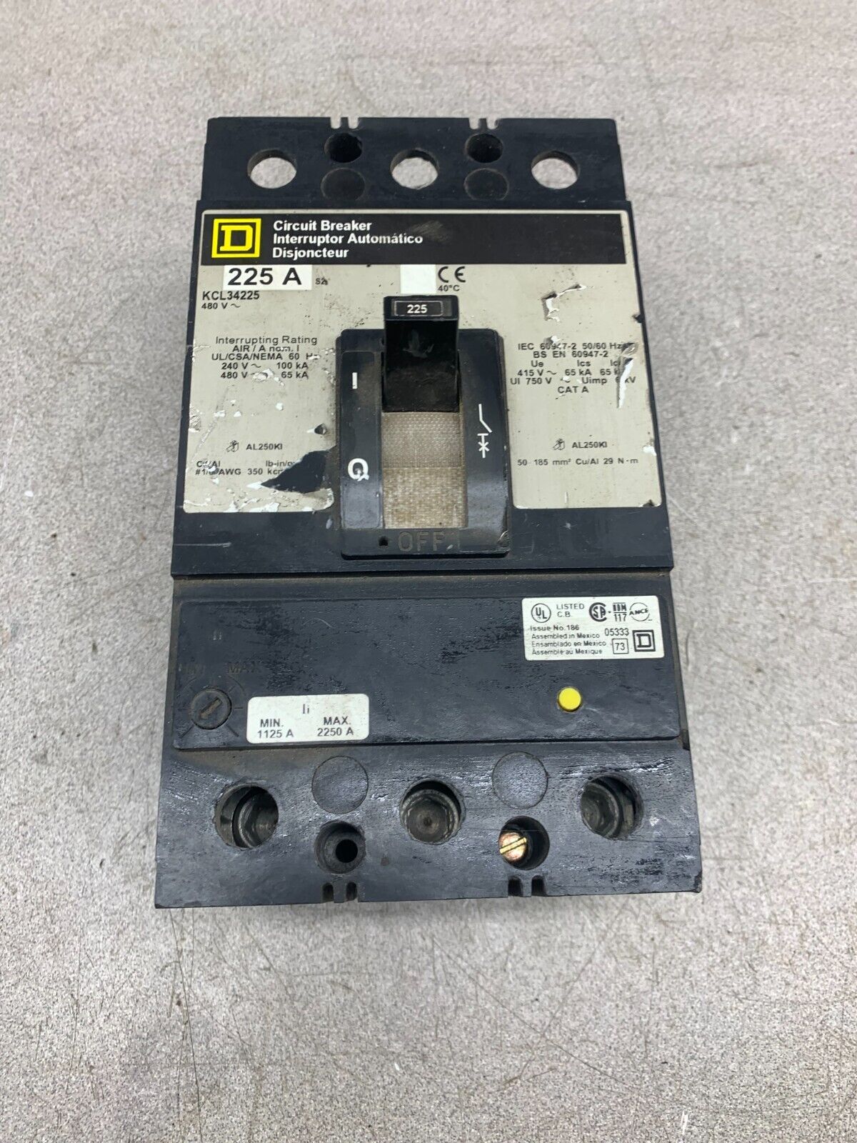 USED SQUARE D 3 POLE 225AMP CIRCUIT BREAKER KCL34225