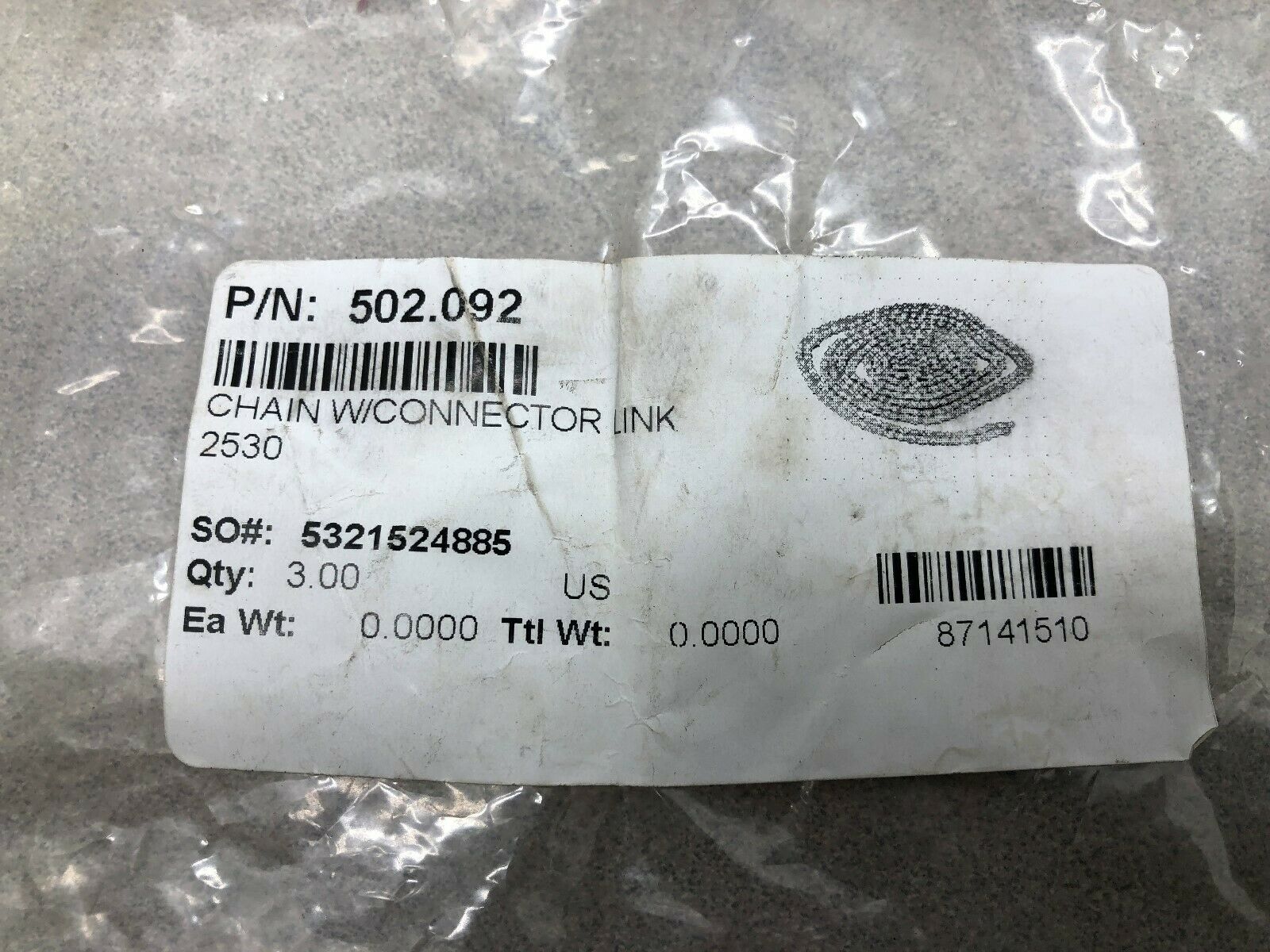 NEW NO BOX #25 CHAIN 92" LONG ROLLER CHAIN WITH 1 CONNECTING LINK 2530-502.092