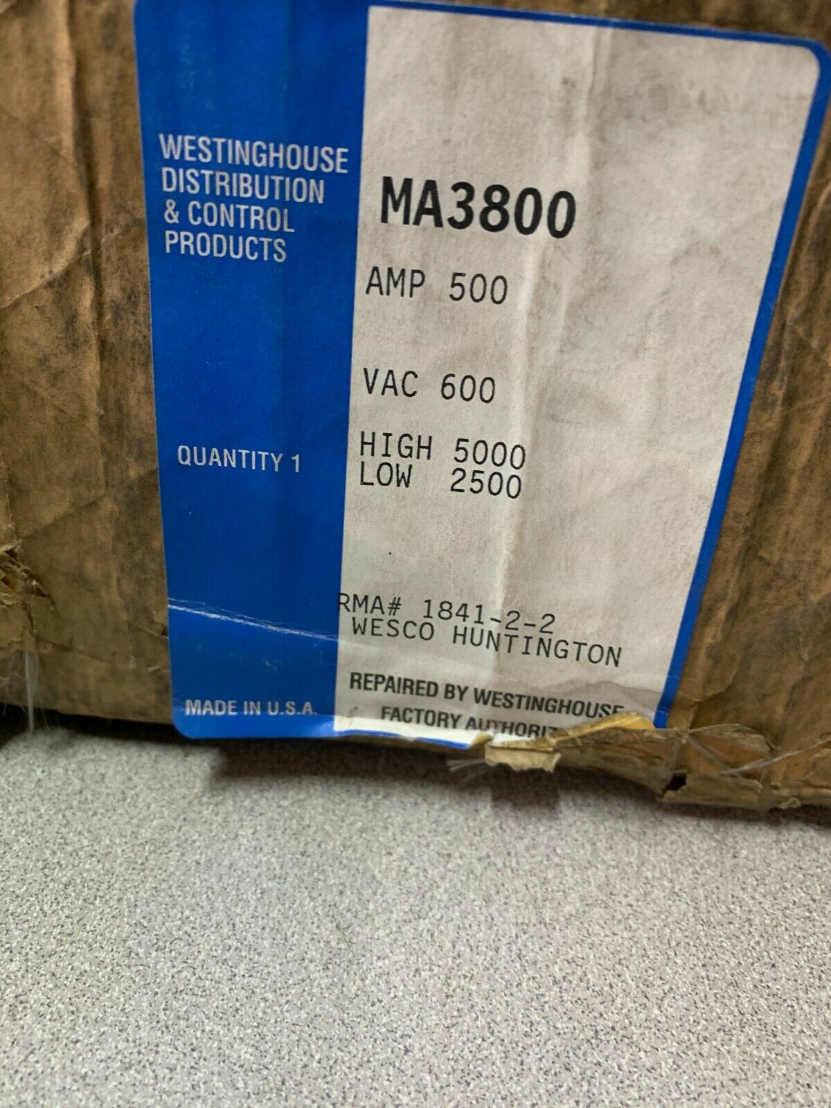 USED WESTINGHOUSE 3 POLE 500AMP CIRCUIT BREAKER MA3800