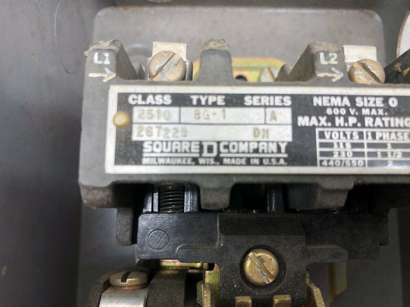 USED SQUARE D SIZE 0 1 PH 600 VAC MANUAL STARTER 2510-BG-1