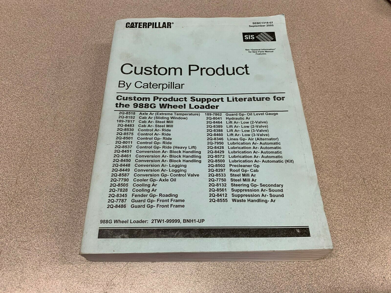 USED CATERPILLAR CUSTOM PRODUCT SUPPORT LITERATURE FOR 988G WHEEL LOADER **BOOK*