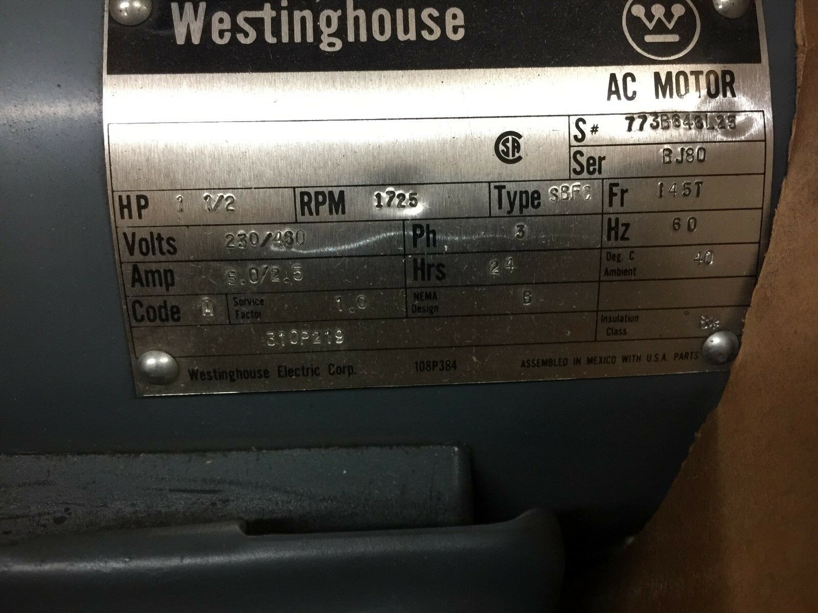 NEW IN BOX WESTINGHOUSE 1 1/2HP  145T FRM 3PH 1725RPM 310P219