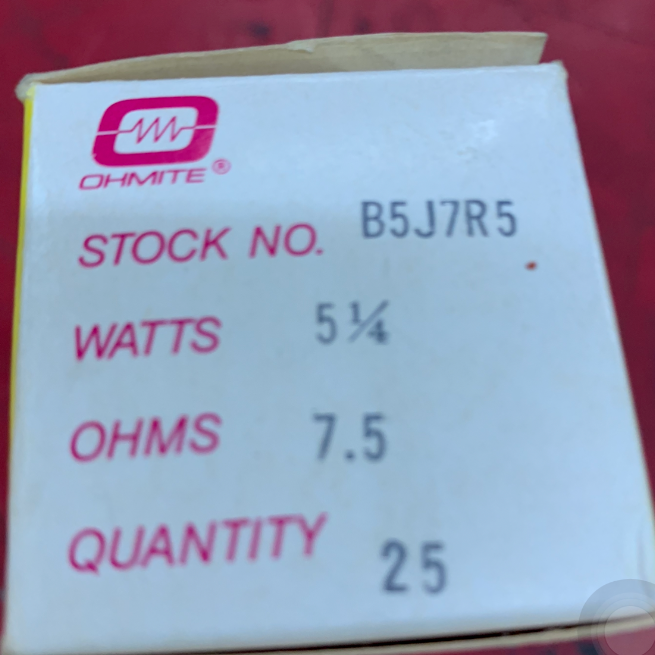 NEW BOX OF 25 OHMITE RESISTORS B5J7R5