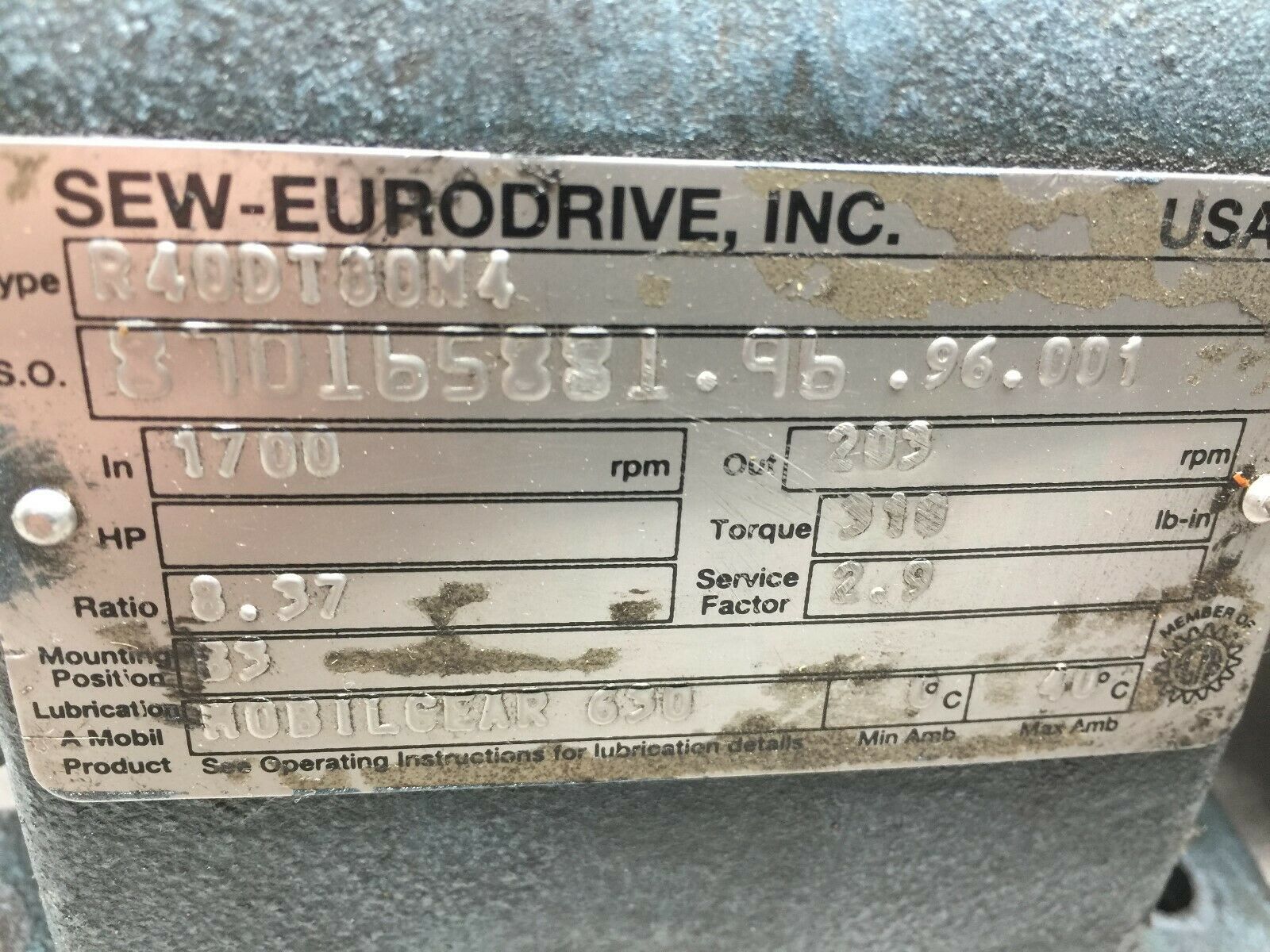 USED SEW EURODRIVE 8.97:1 RATIO 1700 RPM  575 VAC 1HP 3PH GEAR MOTOR R4DDTBDM4 /