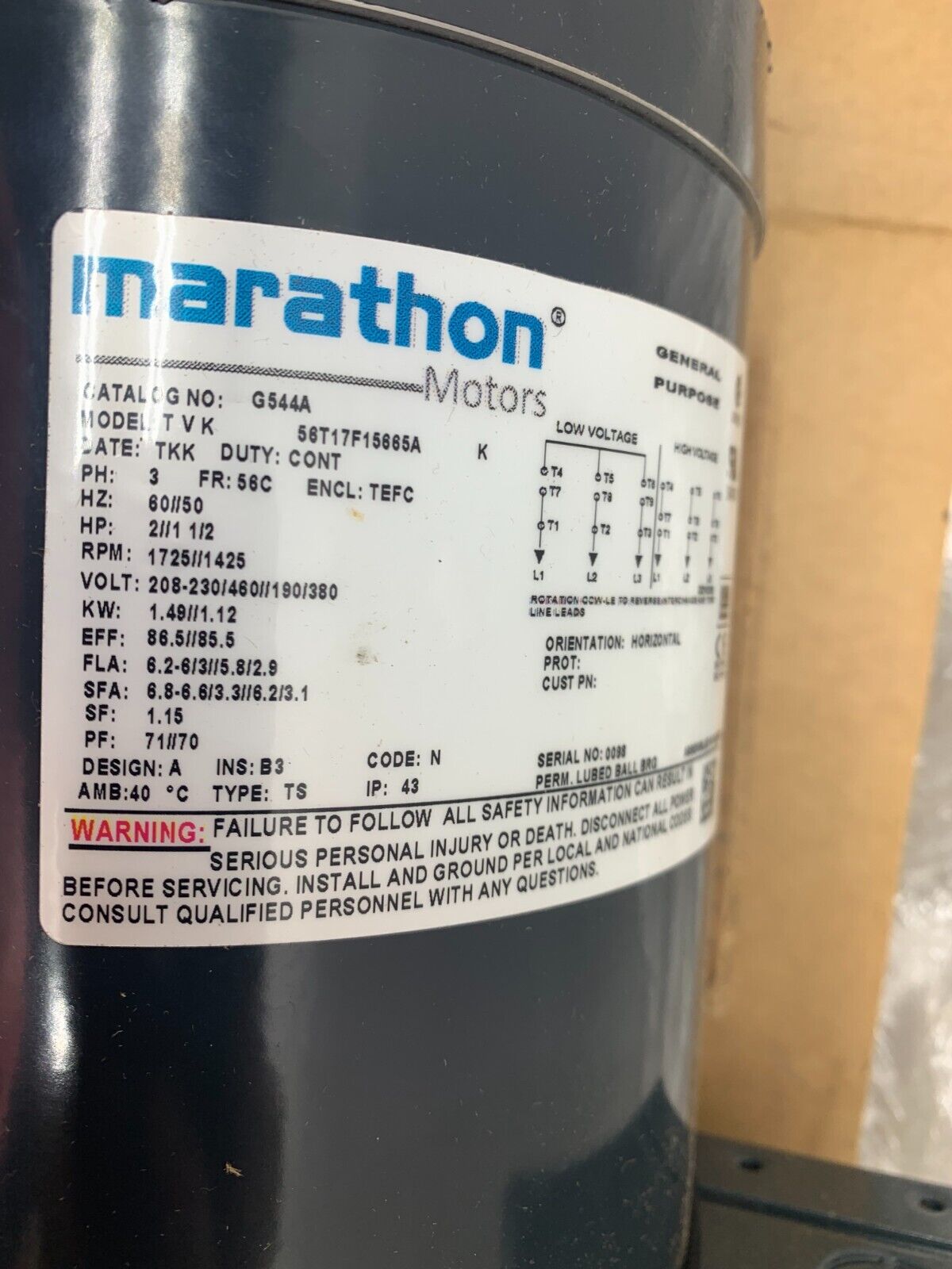 NEW NO BOX MARATHON 2/1-1/2HP 1725/1425RPM ELECTRIC MOTOR 56T17F15665A G544A