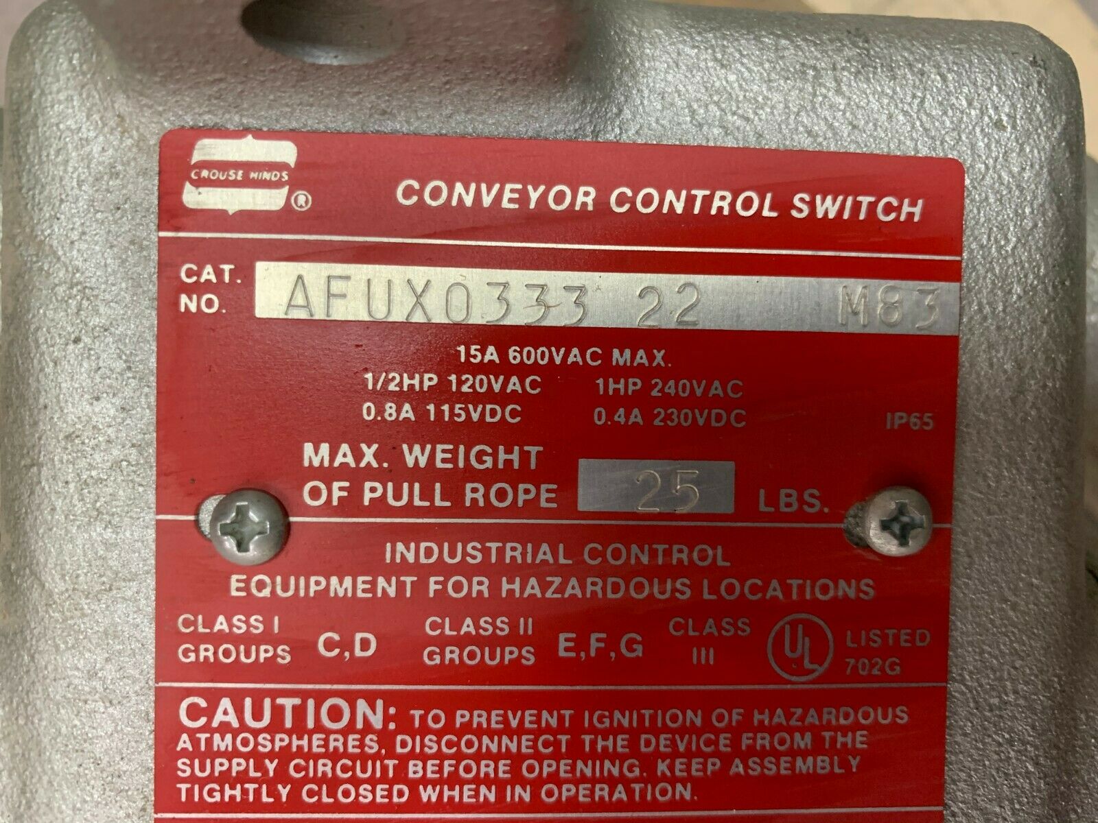 NEW IN BOX CROUSE HINDS CONVEYOR CONTROL SWITCH AFUX0333 22