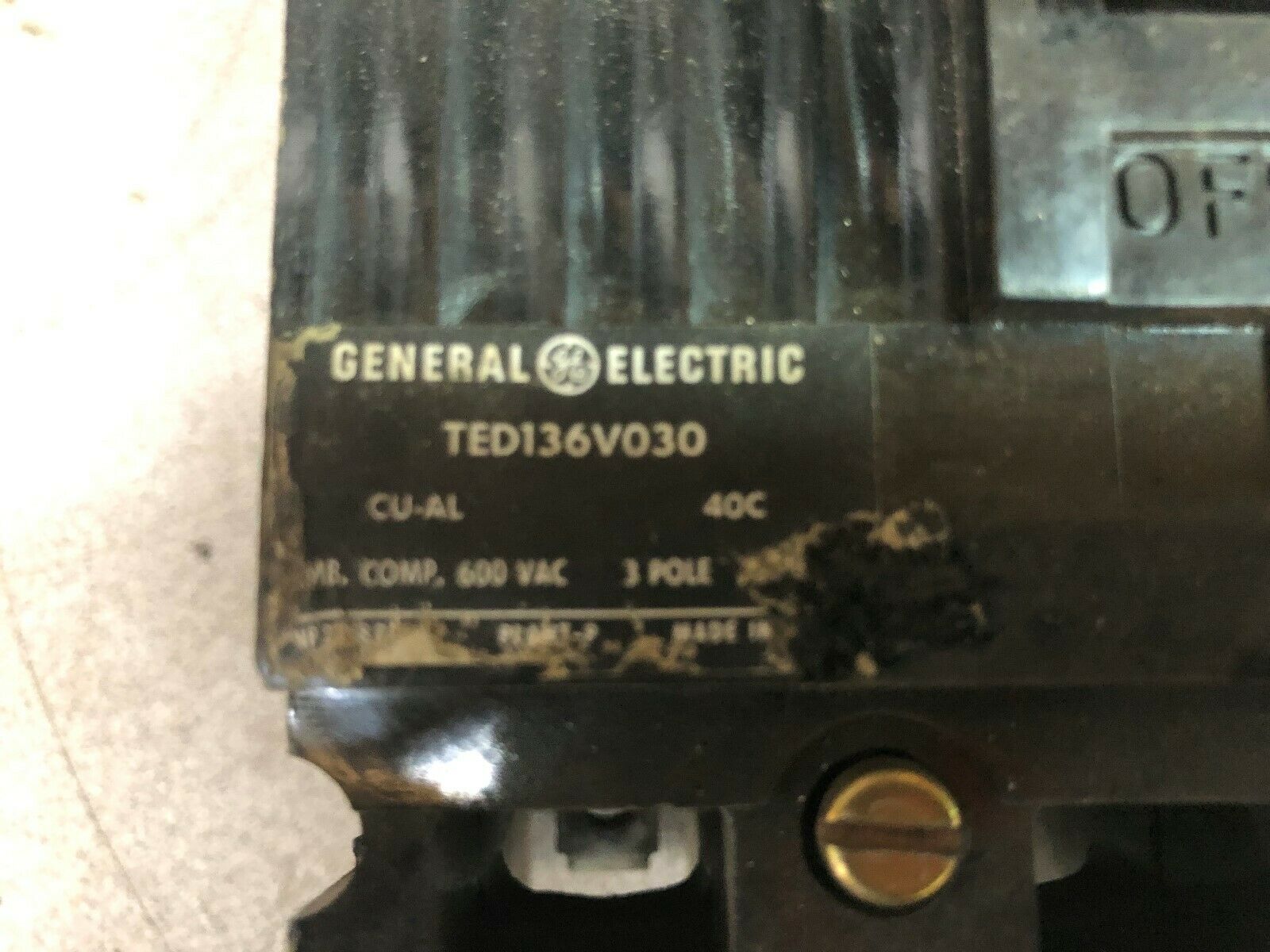 USED GE 30 AMP 3 POLE 600 VAC BREAKER TED136V030