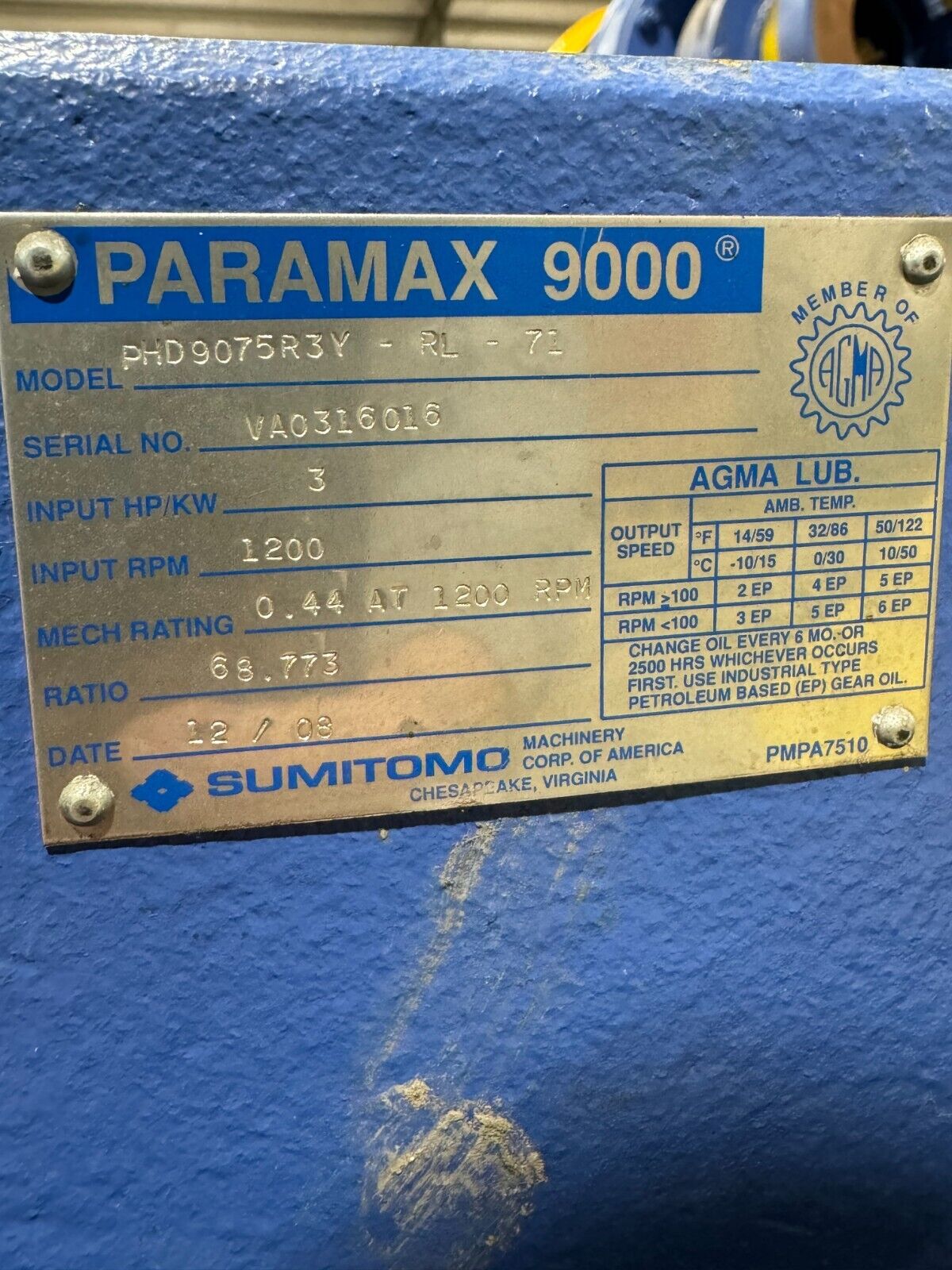 SUMITOMO PARAMAX 9000 GEAR REDUCER 68.773 RATIO PHD9075R3Y-RL-71 WITH CHHUS-C17D