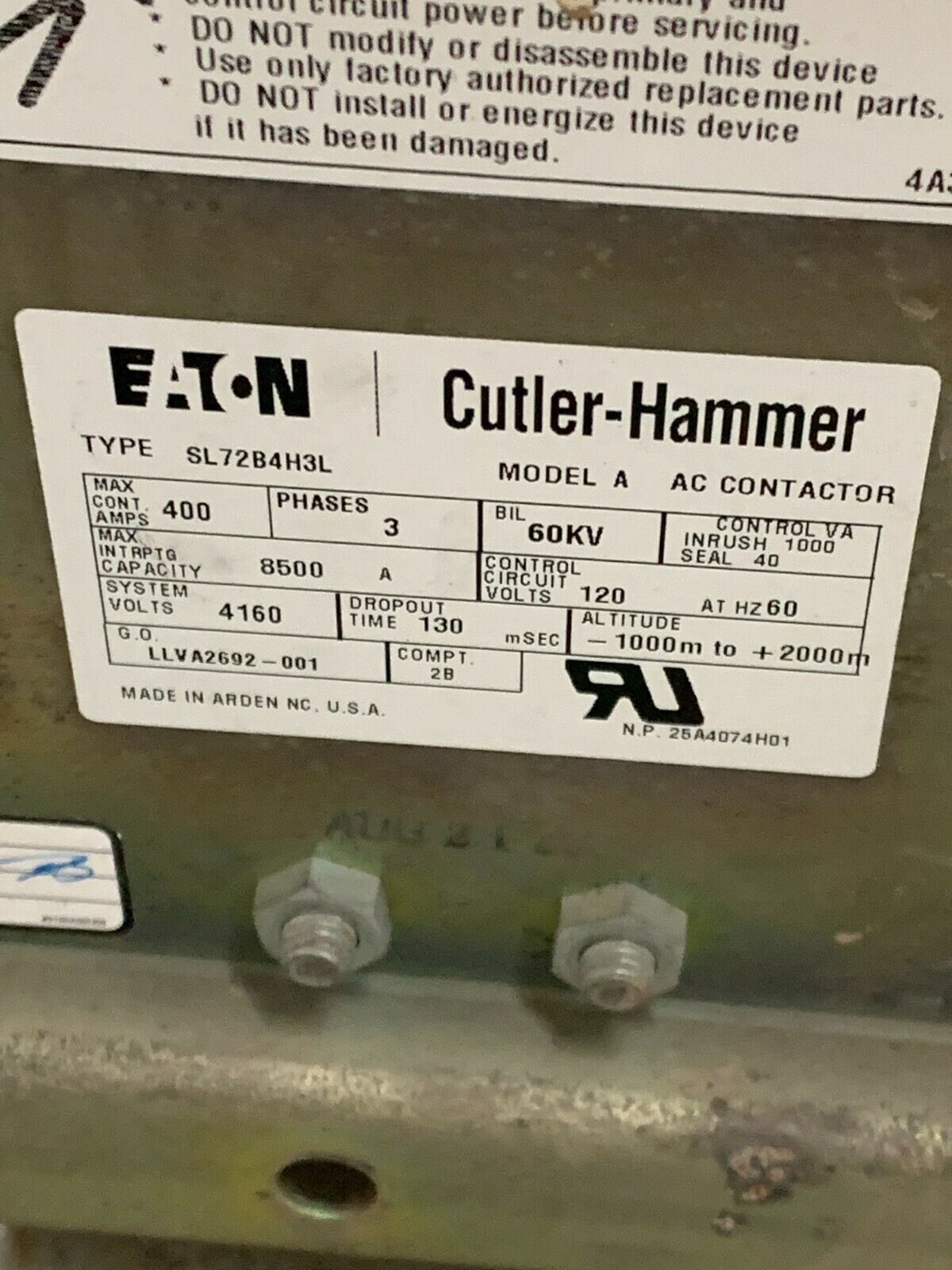 USED EATON CUTLER-HAMMER AC CONTACTOR SL72B4H3L MODEL A